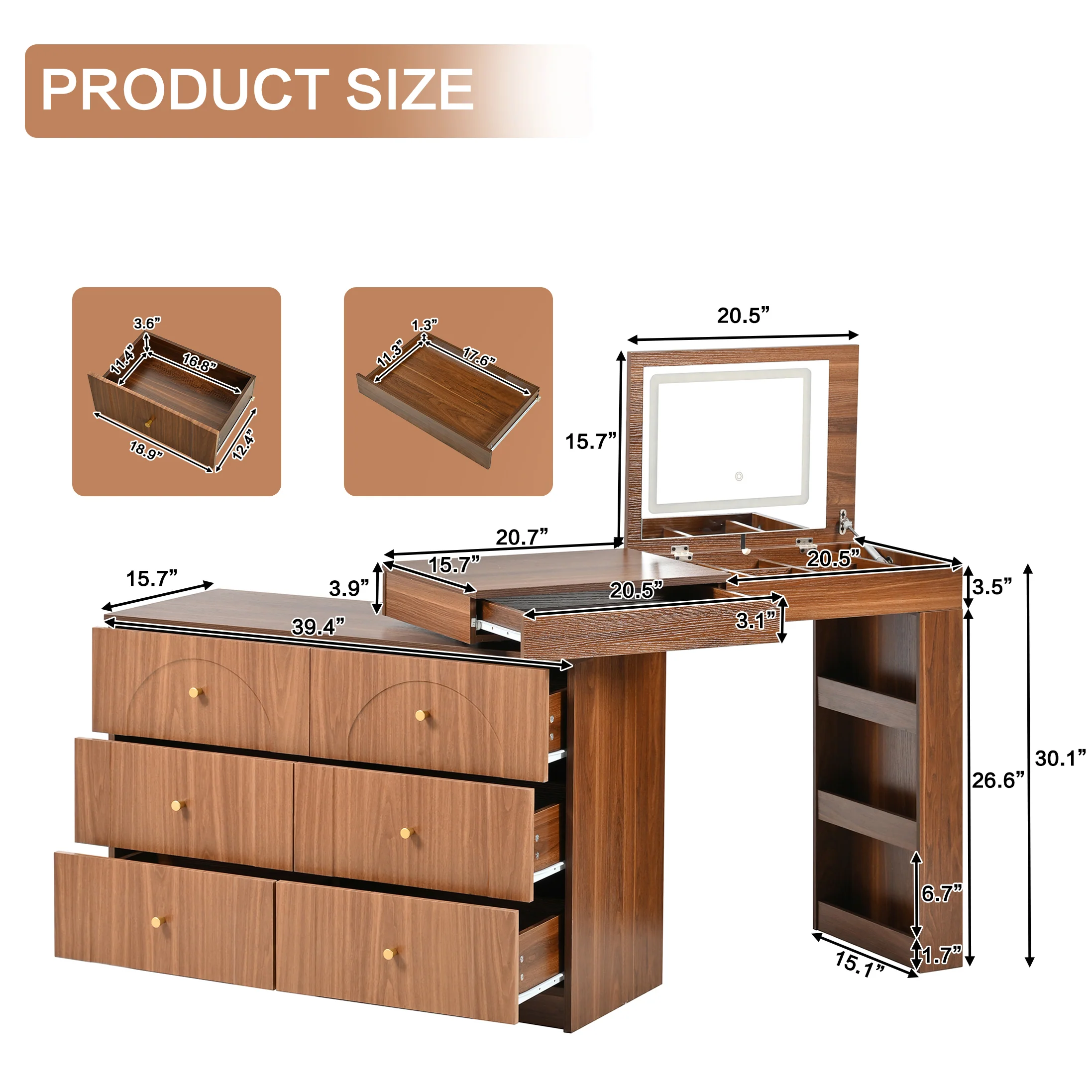 Walker Edison | Multi-Functional Vanity Desk/Dresser Set with Flip-Top Mirror and Lights - Image 25