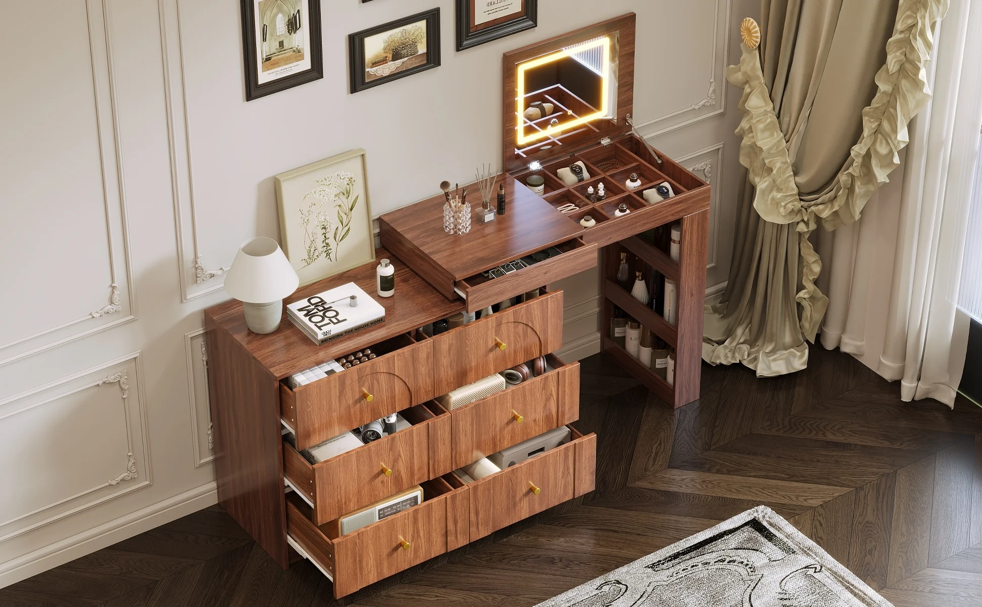 Walker Edison | Multi-Functional Vanity Desk/Dresser Set with Flip-Top Mirror and Lights - Image 26