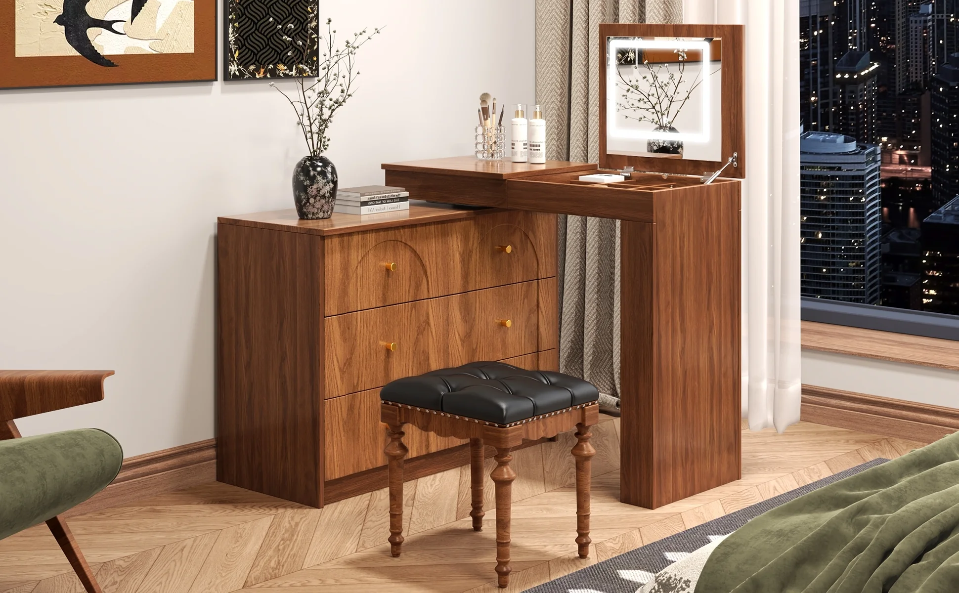 Walker Edison | Multi-Functional Vanity Desk/Dresser Set with Flip-Top Mirror and Lights - Image 27