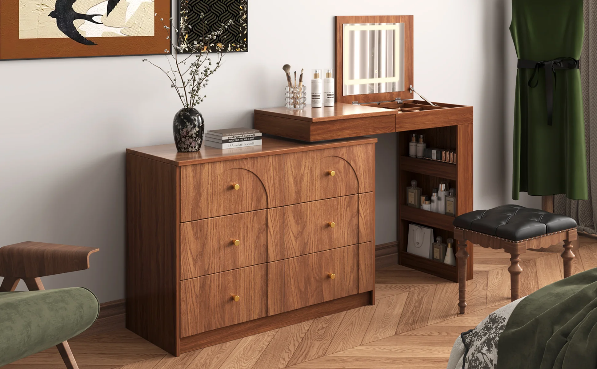 Walker Edison | Multi-Functional Vanity Desk/Dresser Set with Flip-Top Mirror and Lights - Image 28