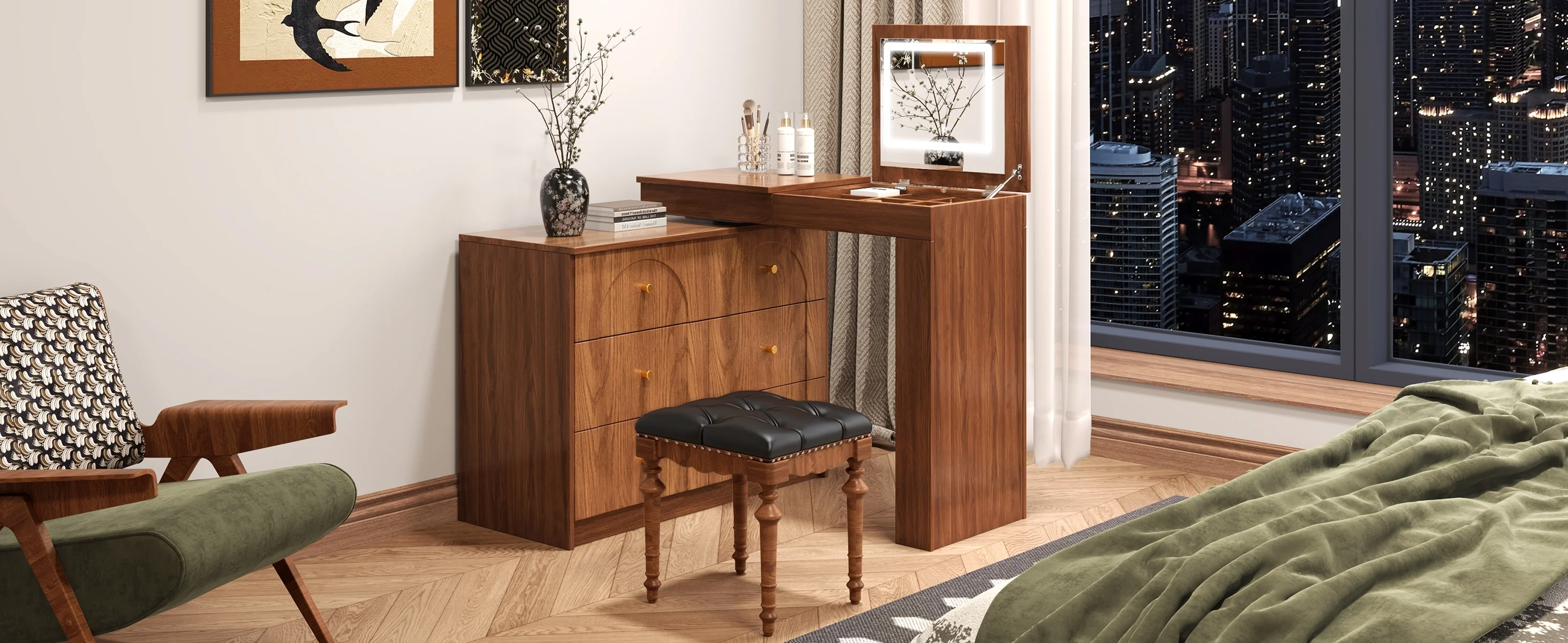 Walker Edison | Multi-Functional Vanity Desk/Dresser Set with Flip-Top Mirror and Lights - Image 29
