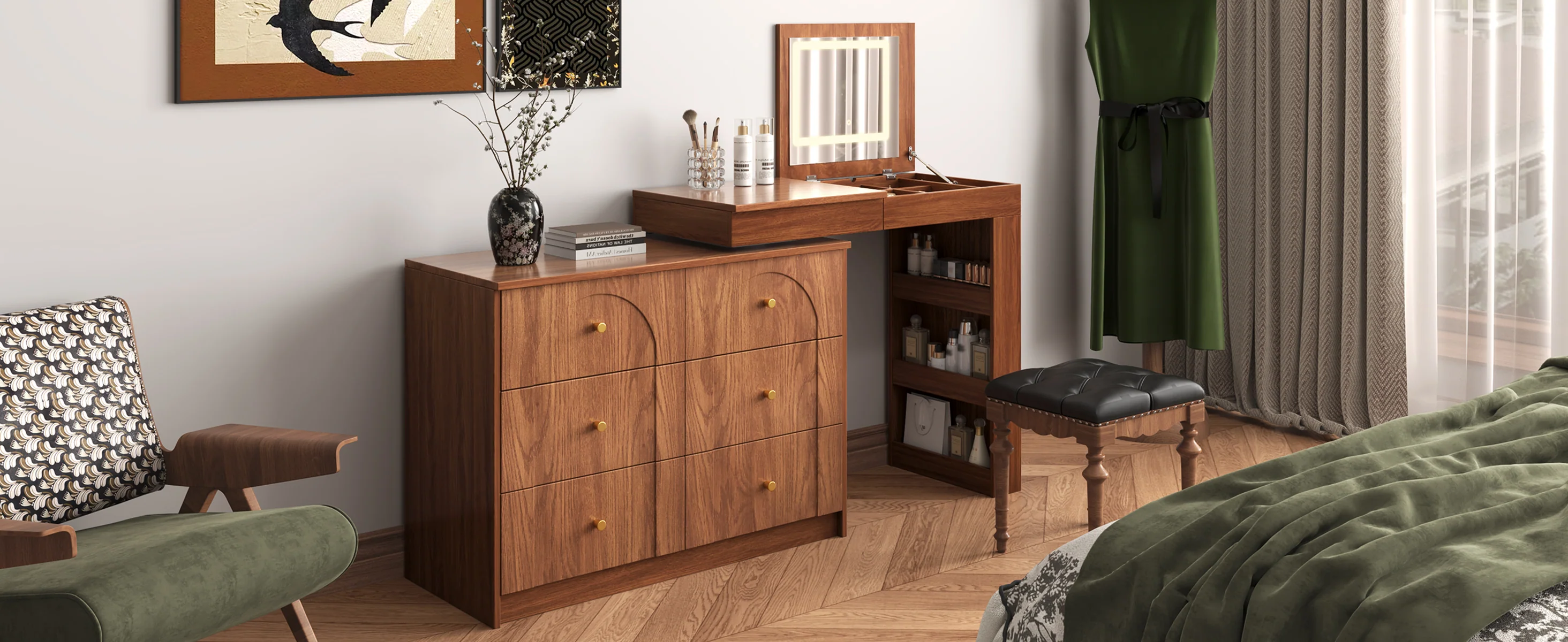 Walker Edison | Multi-Functional Vanity Desk/Dresser Set with Flip-Top Mirror and Lights - Image 30
