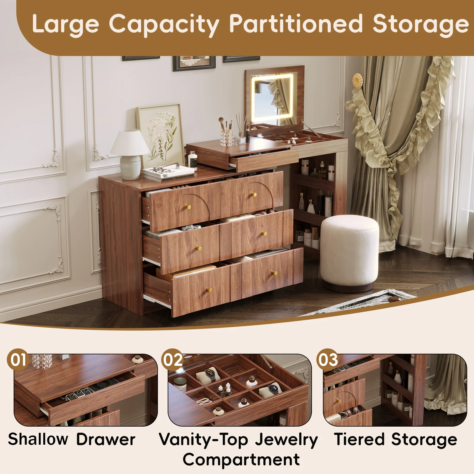 Walker Edison | Multi-Functional Vanity Desk/Dresser Set with Flip-Top Mirror and Lights - Image 6