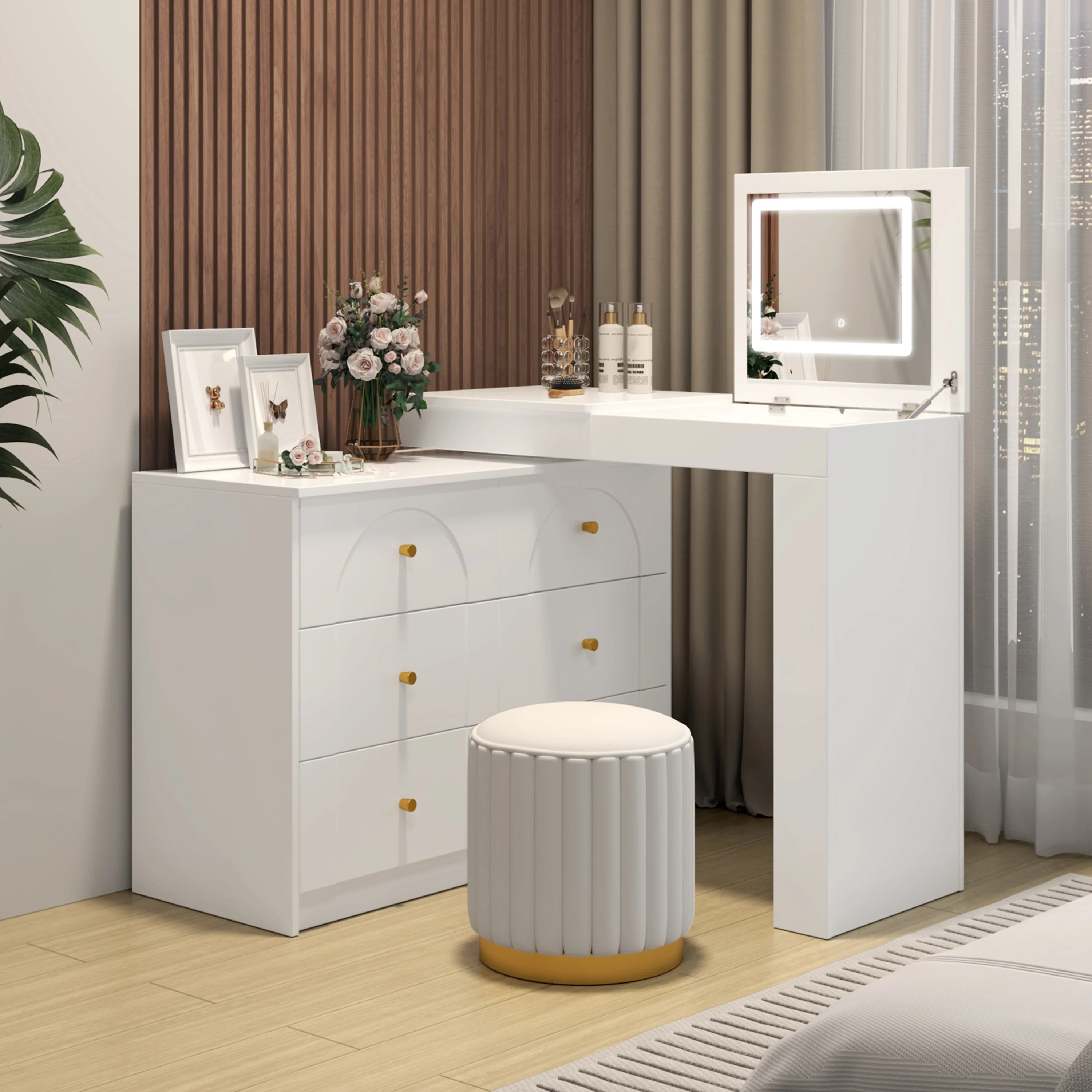 Walker Edison | Multi-Functional Vanity Desk/Dresser Set with Flip-Top Mirror and Lights - Image 8