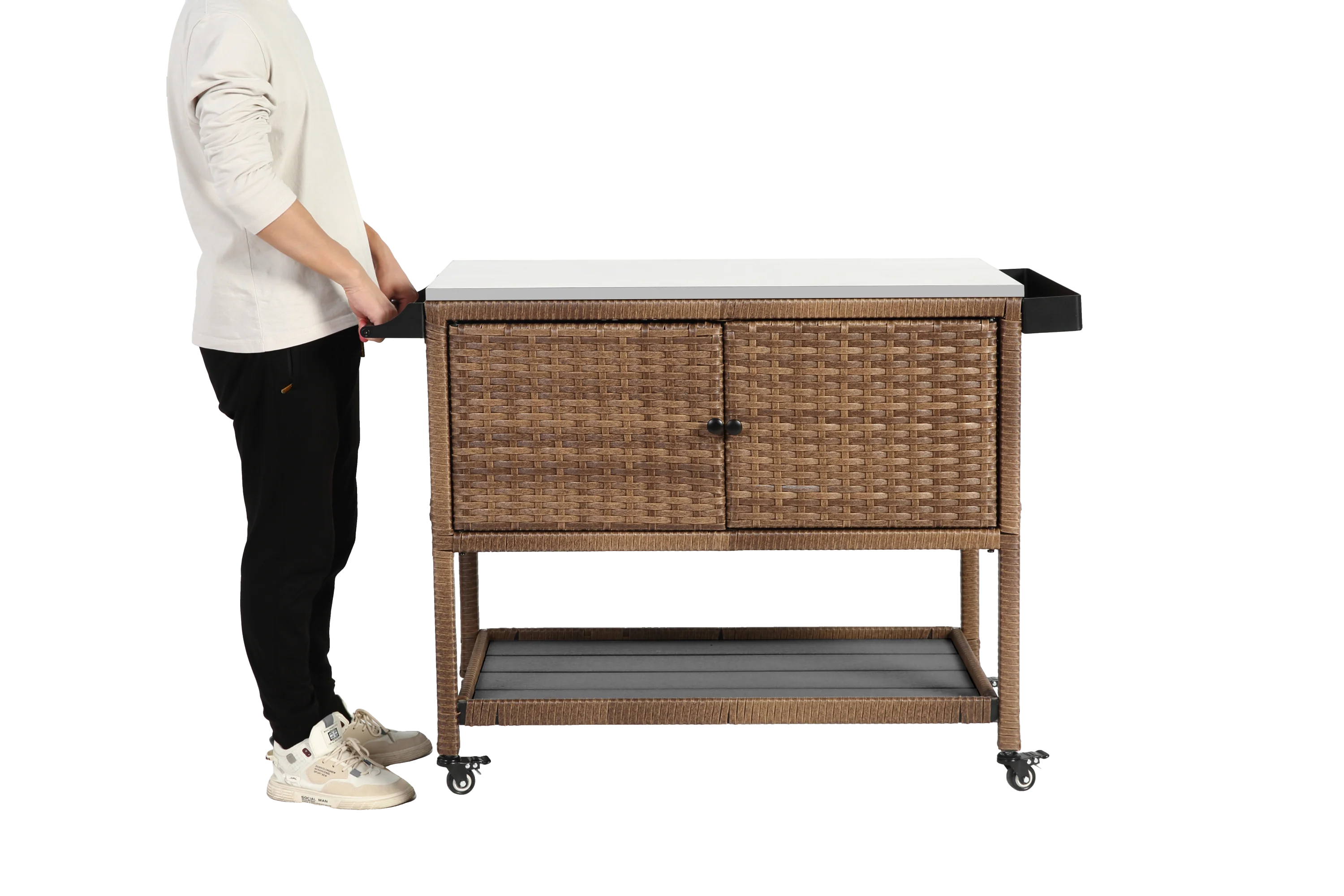 Walker Edison | Outdoor Brown Wicker Bar Cart - Image 4