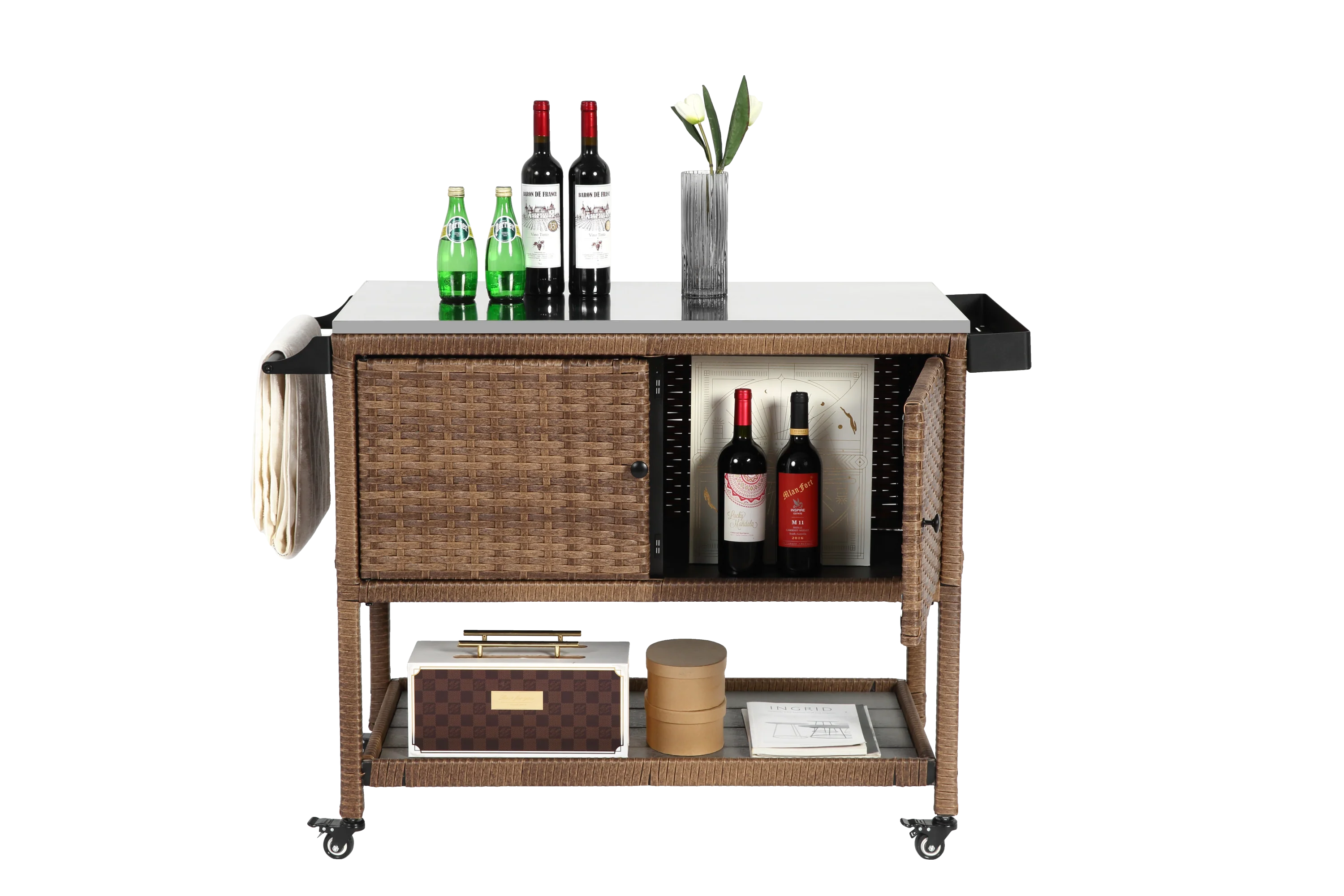 Walker Edison | Outdoor Brown Wicker Bar Cart - Image 6