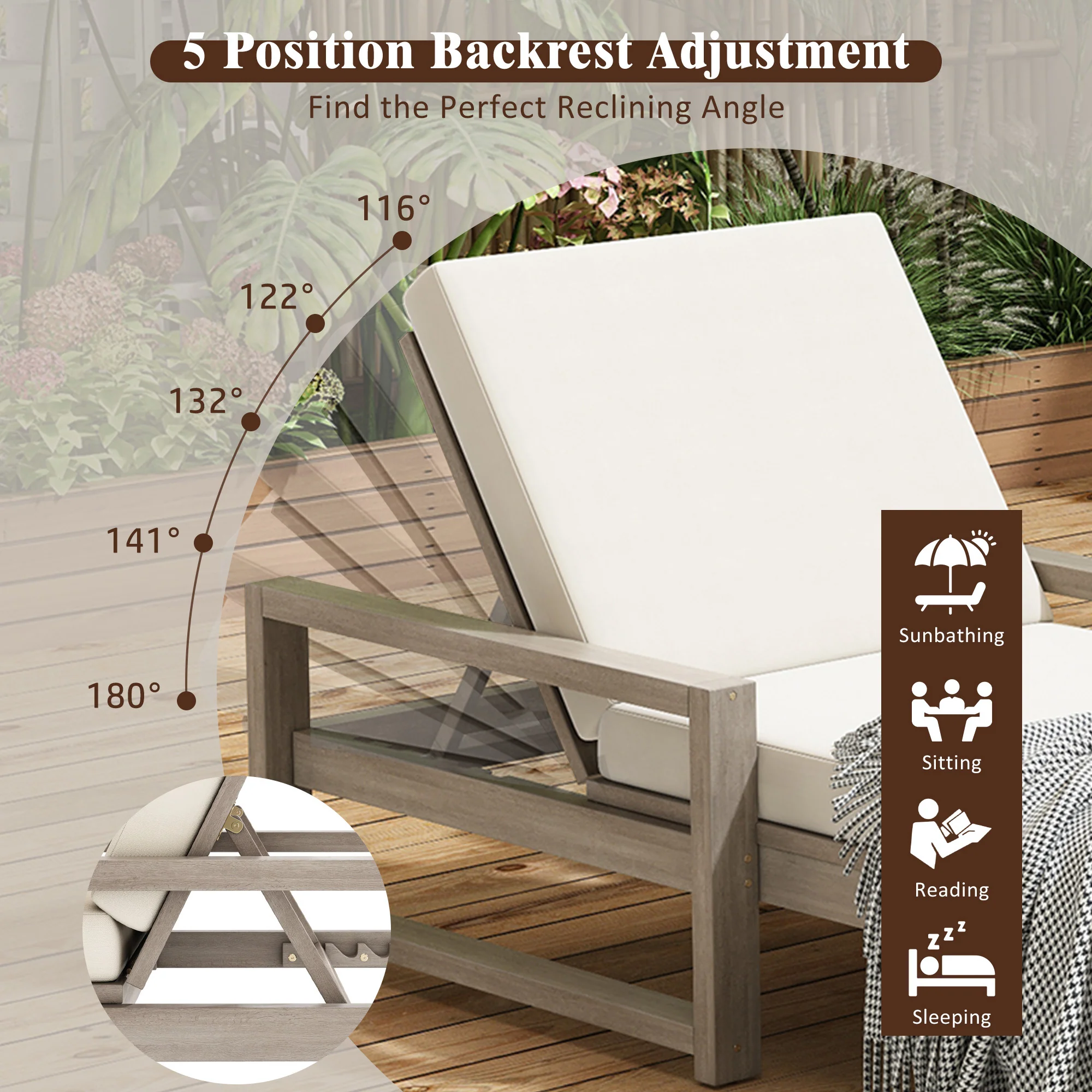 Outdoor Lounge Chair with Cushion & Adjustable Backrest - Image 5