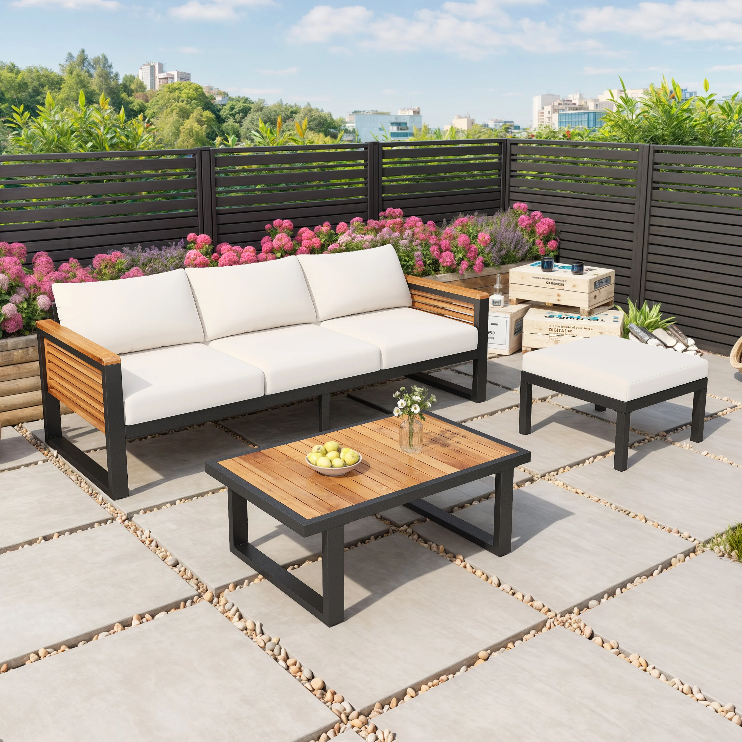 Outdoor Patio 3-piece Acacia Wood and Metal Sofa Set - Image 2