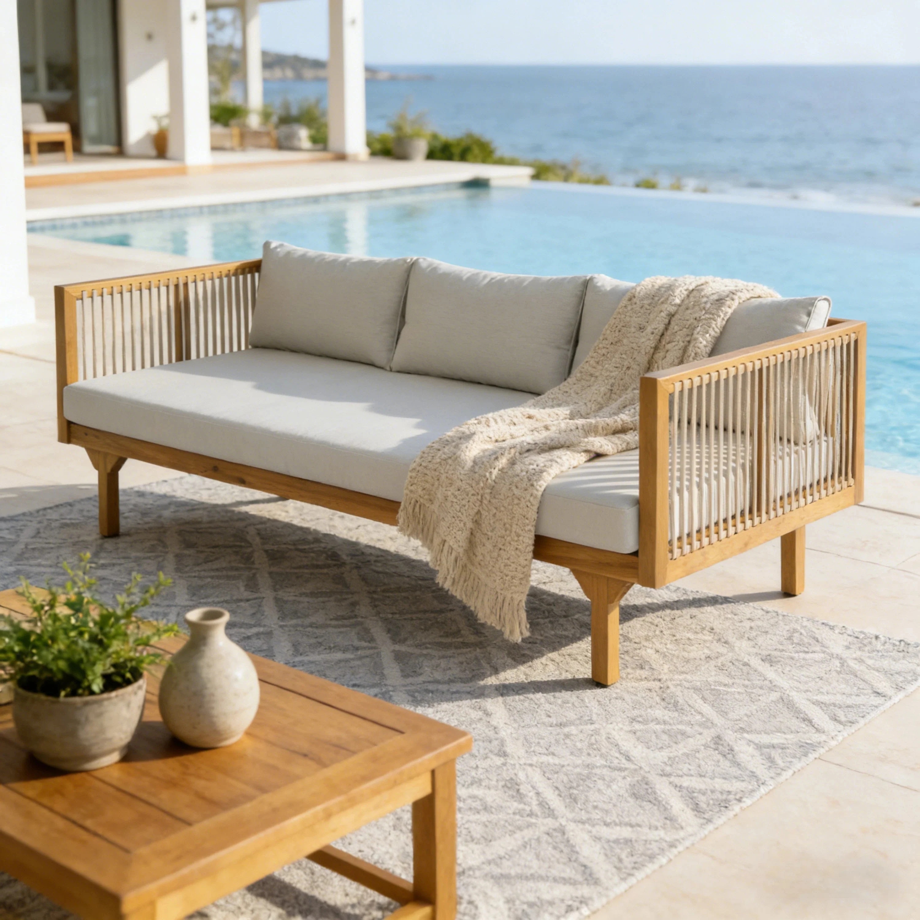 Outdoor Patio Acacia Wood Deep Seat Sofa Daybed - Image 2