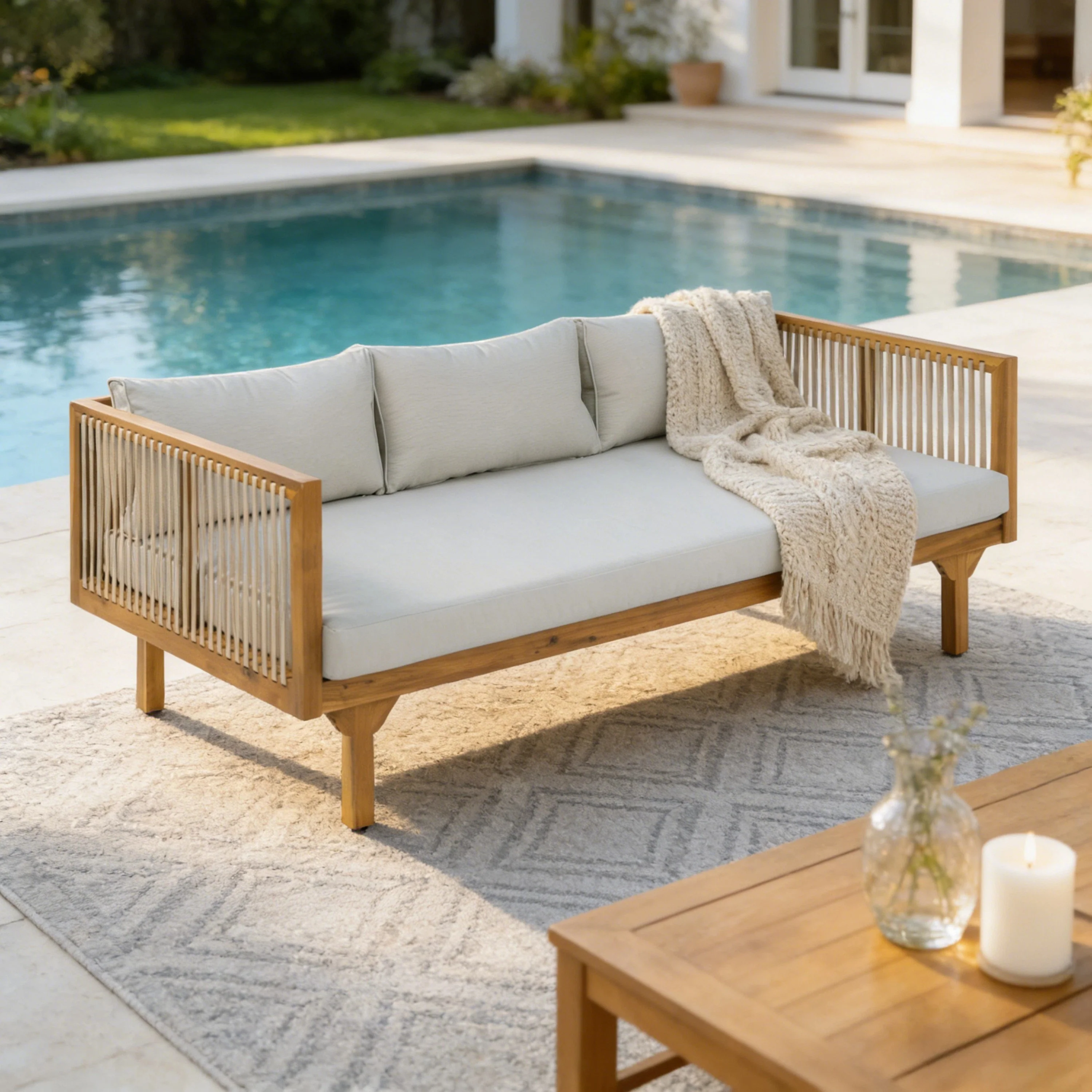 Outdoor Patio Acacia Wood Deep Seat Sofa Daybed - Image 4