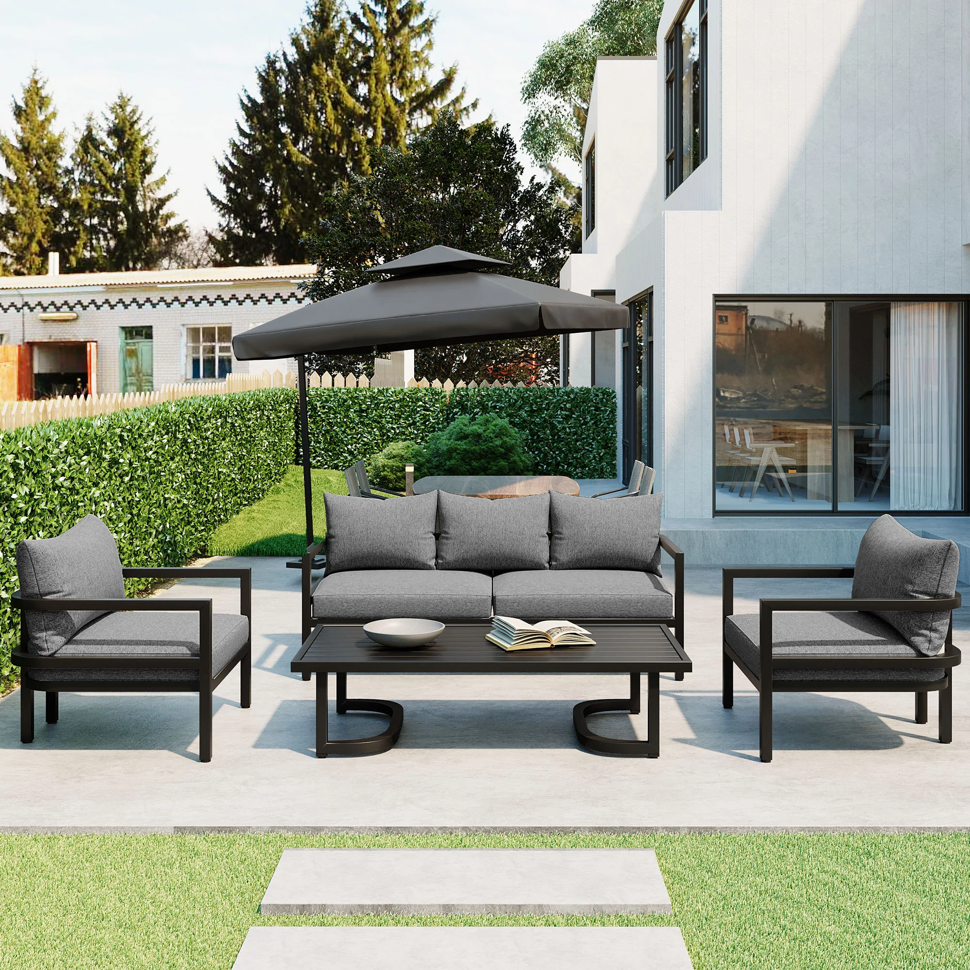 Walker Edison | Outdoor Patio Steel 4 Piece Sofa Set - Image 2