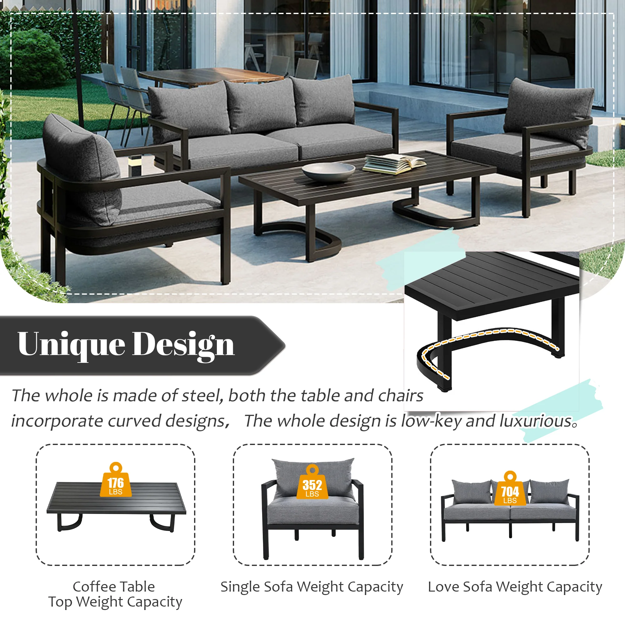 Walker Edison | Outdoor Patio Steel 4 Piece Sofa Set - Image 22
