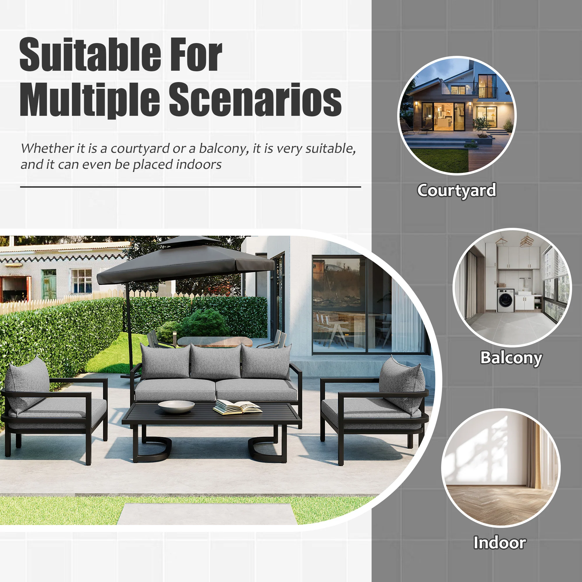 Walker Edison | Outdoor Patio Steel 4 Piece Sofa Set - Image 25