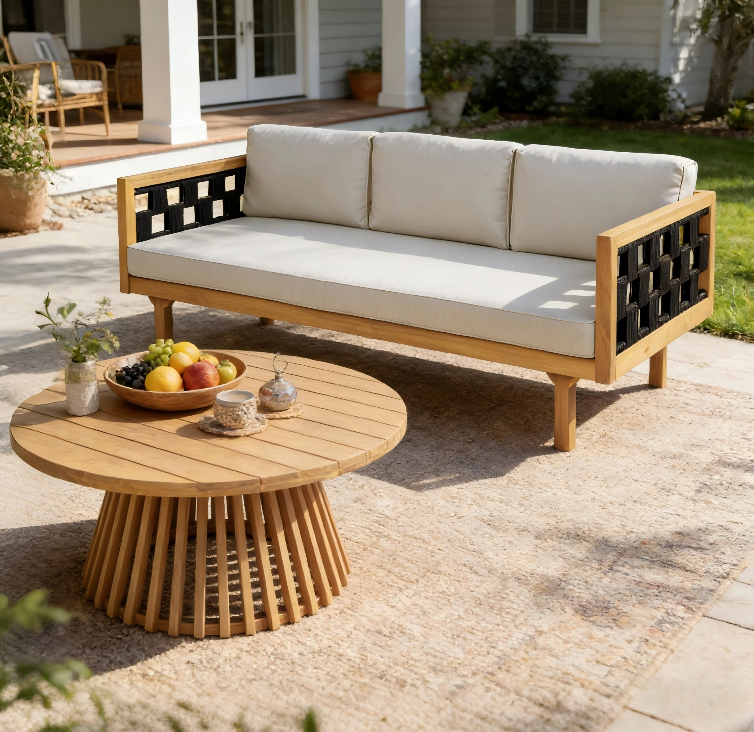 Outdoor Rope Detail Teak Wood 3 Seater Sofa Daybed Set with Light Grey Cushions & Table
