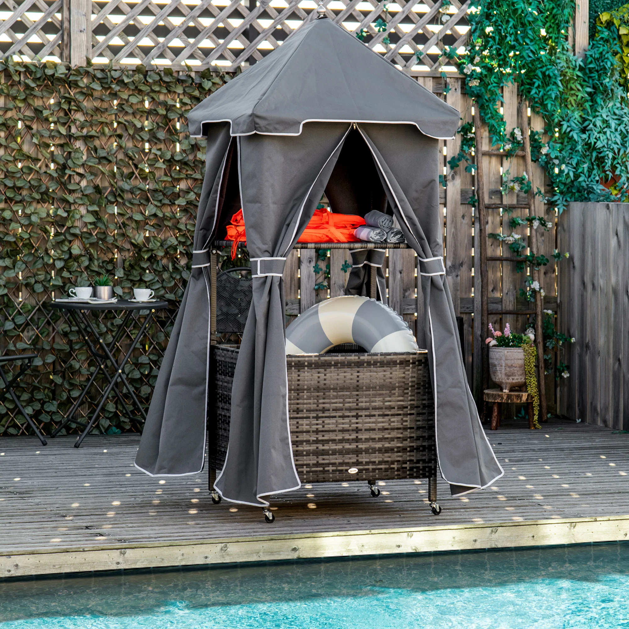 Outdoor Wicker Covered Poolside Towel Holder Rack with Storage - Image 2