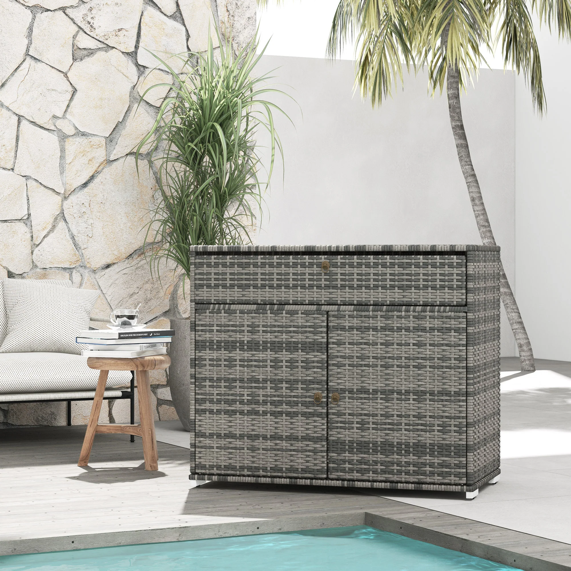 Outdoor Wicker Towel Rack Cabinet Storage with Drawer