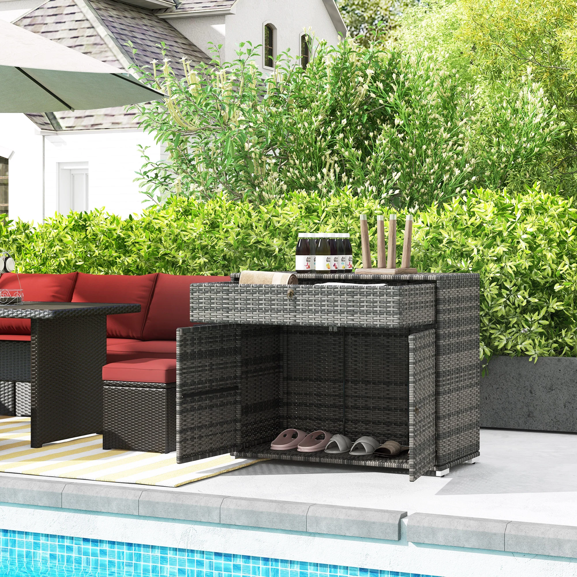 Outdoor Wicker Towel Rack Cabinet Storage with Drawer - Image 11