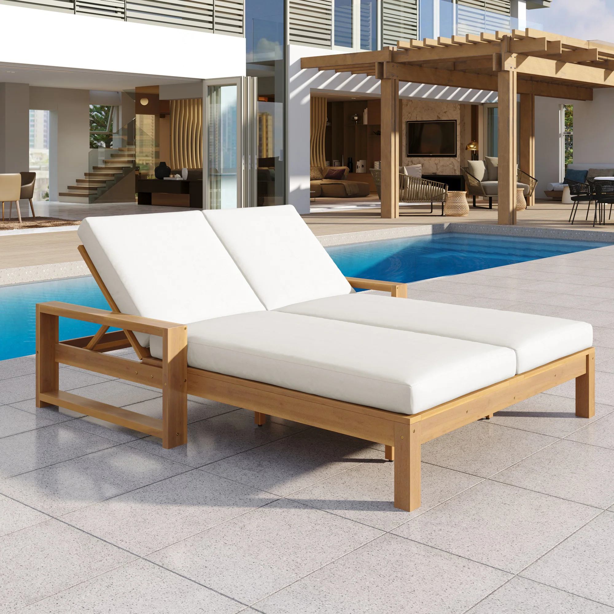Outdoor Wide Double Lounge Chair with Adjustable Backrest with Removable Cushions