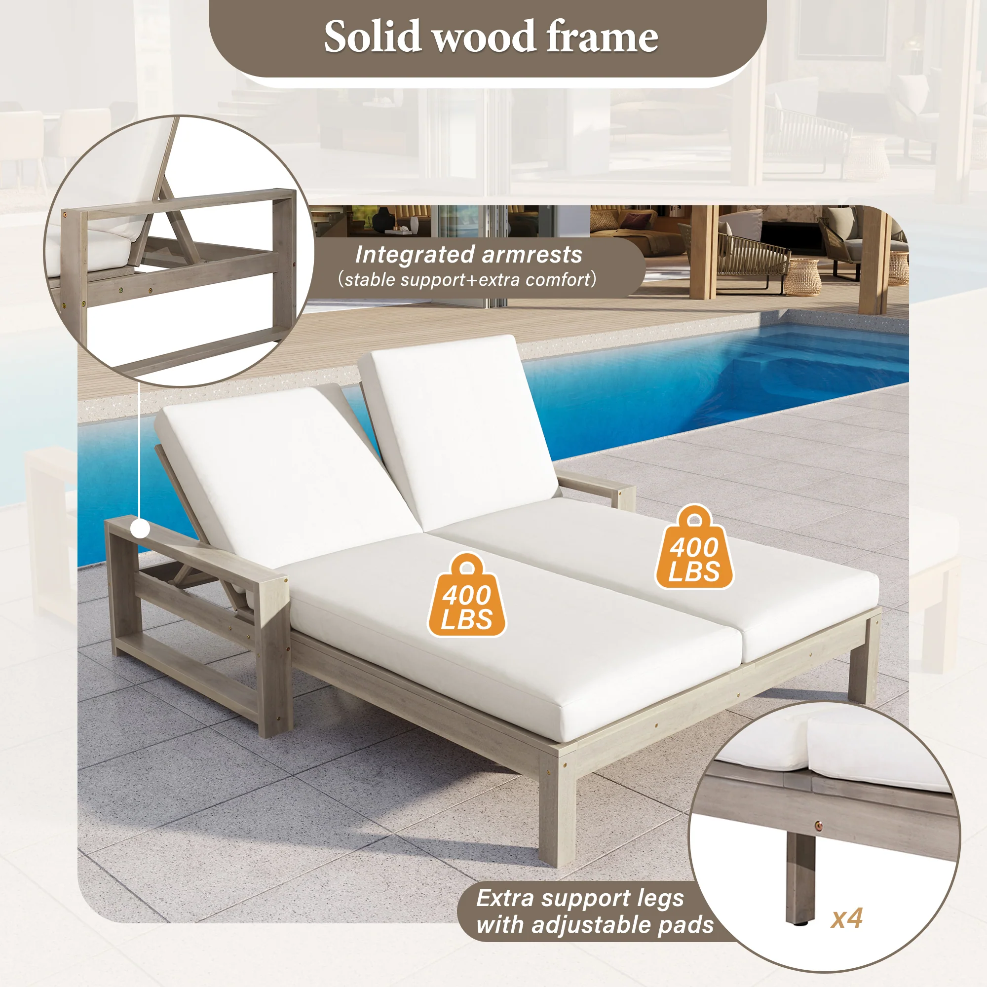Outdoor Wide Double Lounge Chair with Adjustable Backrest with Removable Cushions - Image 12