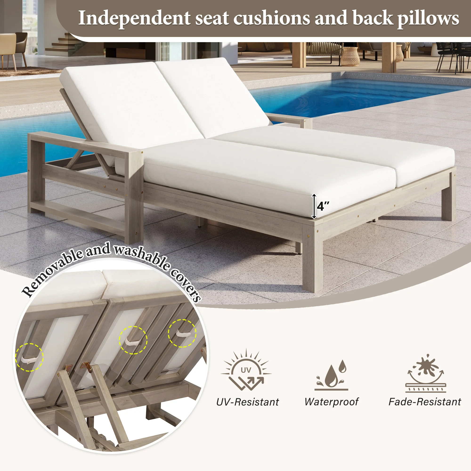 Outdoor Wide Double Lounge Chair with Adjustable Backrest with Removable Cushions - Image 13