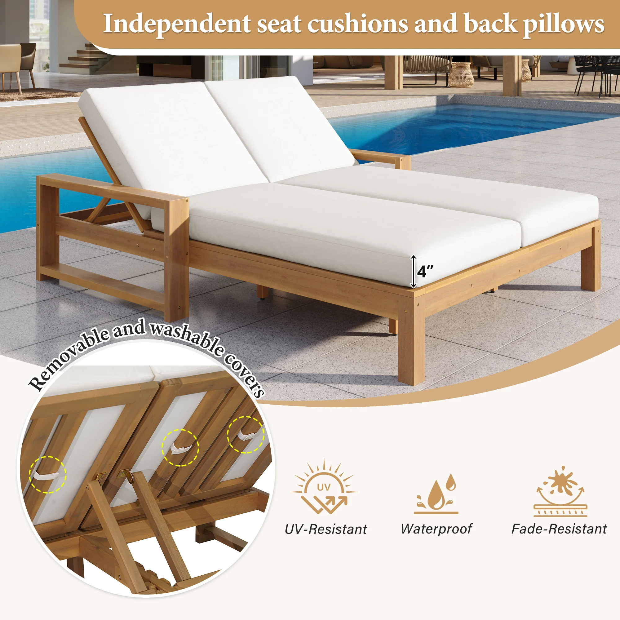 Outdoor Wide Double Lounge Chair with Adjustable Backrest with Removable Cushions - Image 4