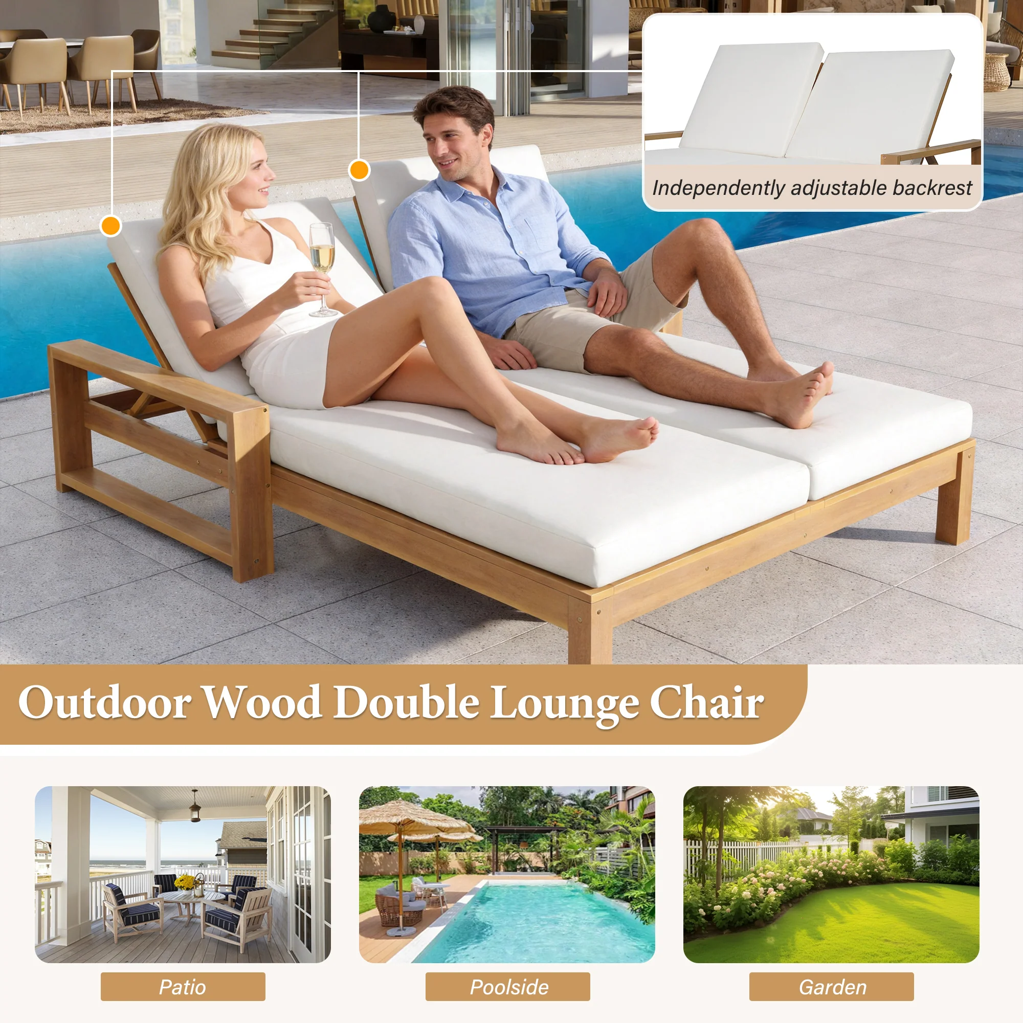 Outdoor Wide Double Lounge Chair with Adjustable Backrest with Removable Cushions - Image 5
