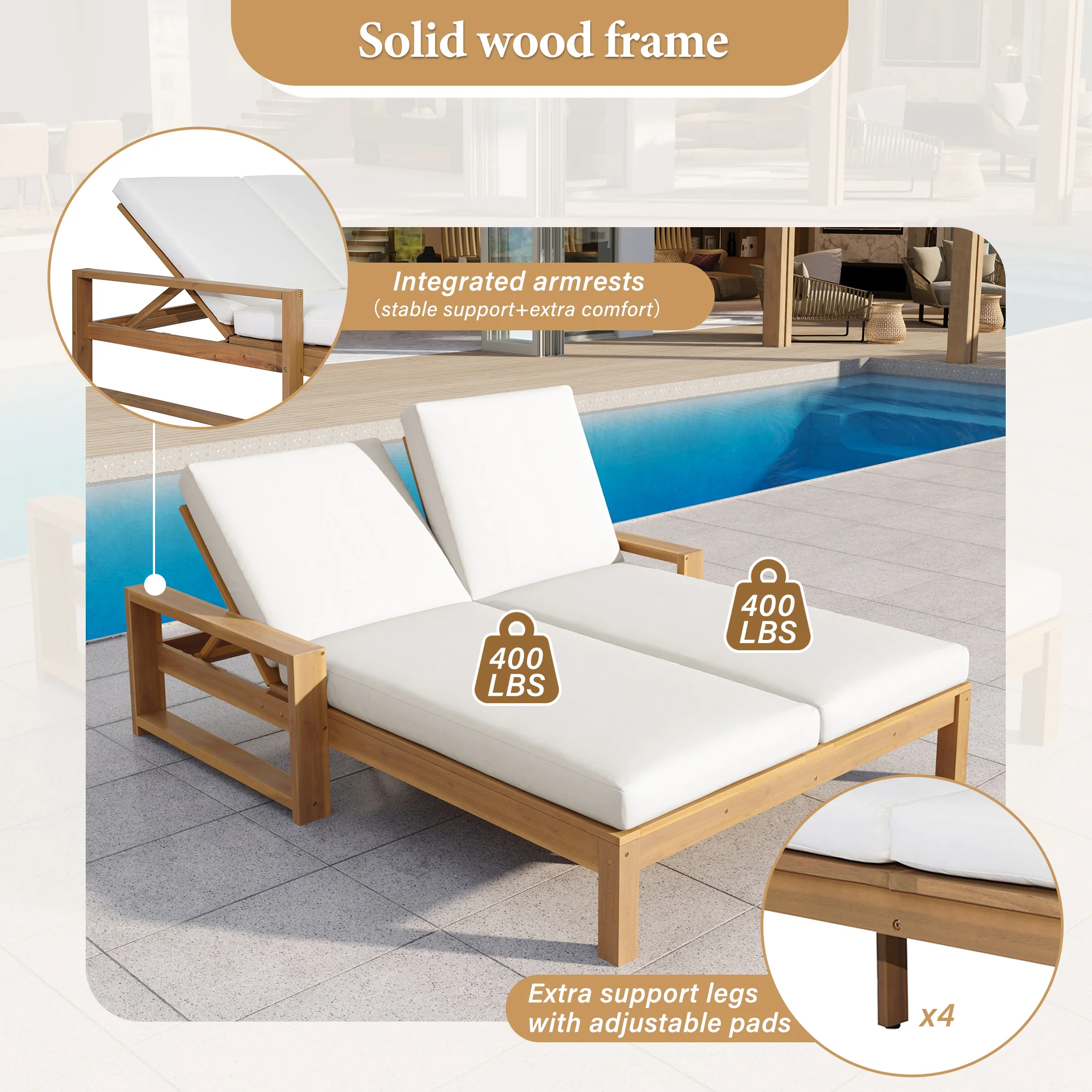 Outdoor Wide Double Lounge Chair with Adjustable Backrest with Removable Cushions - Image 6