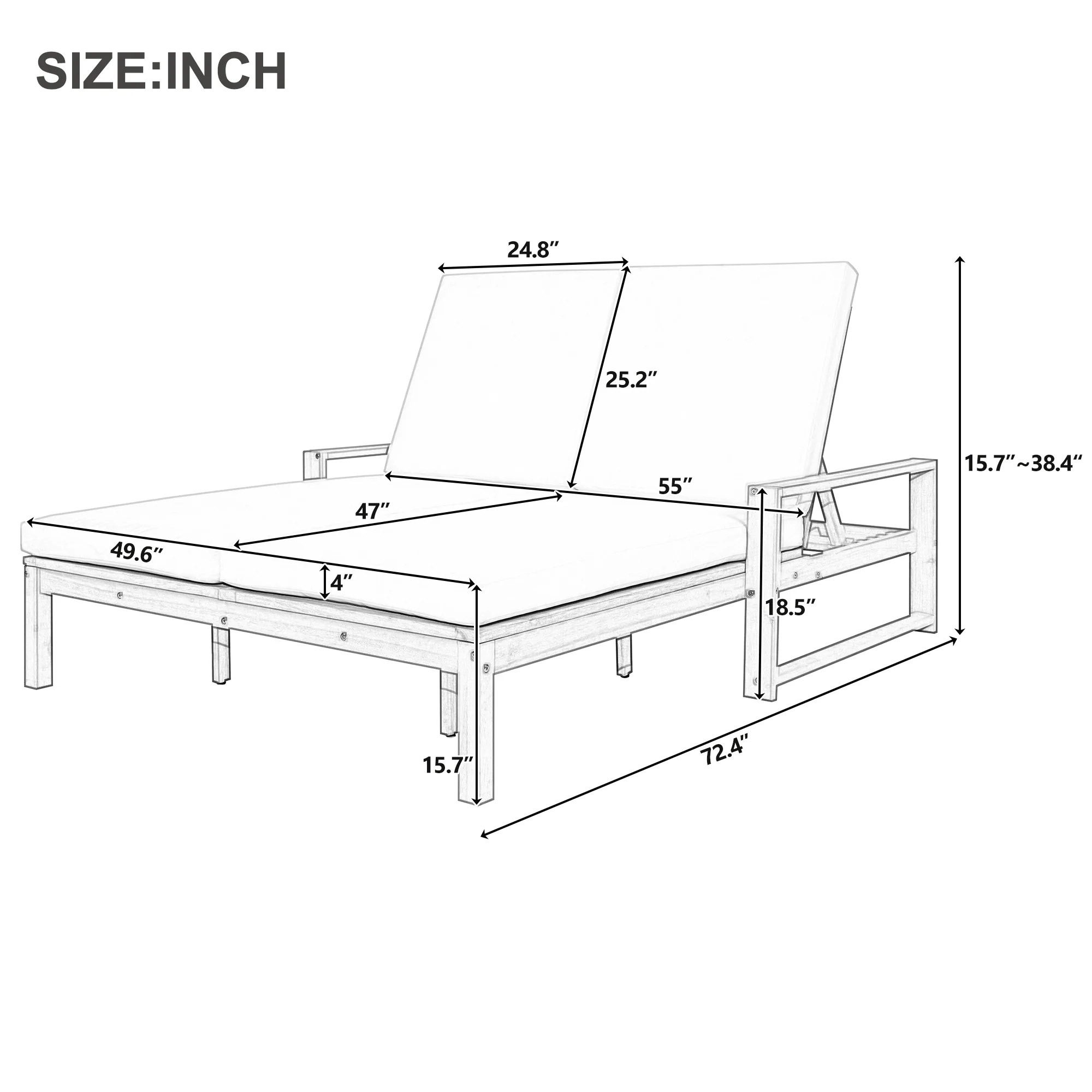Outdoor Wide Double Lounge Chair with Adjustable Backrest with Removable Cushions - Image 9