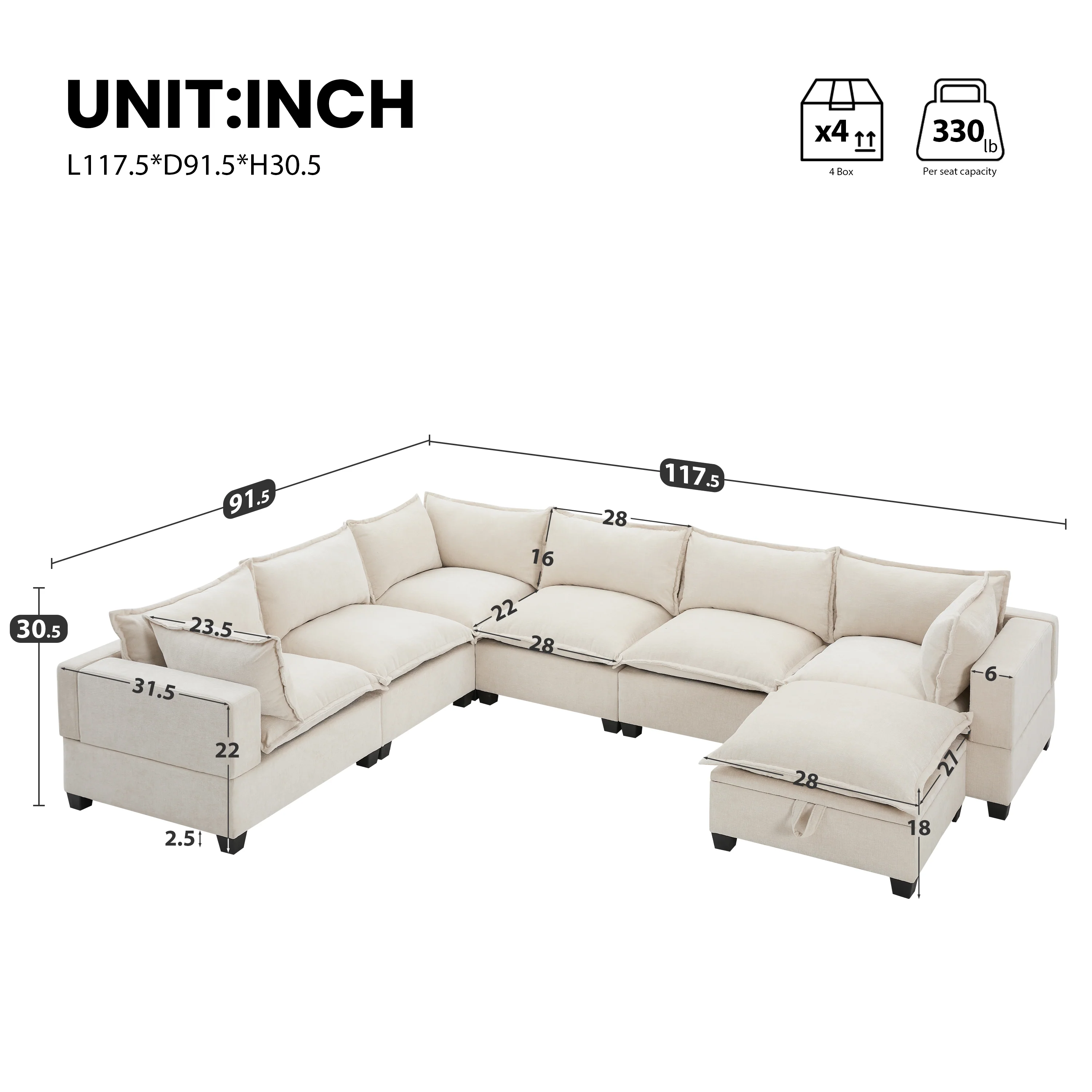Oversized Modular Chenille Sectional Sofa with Movable Storage Ottoman - Image 5