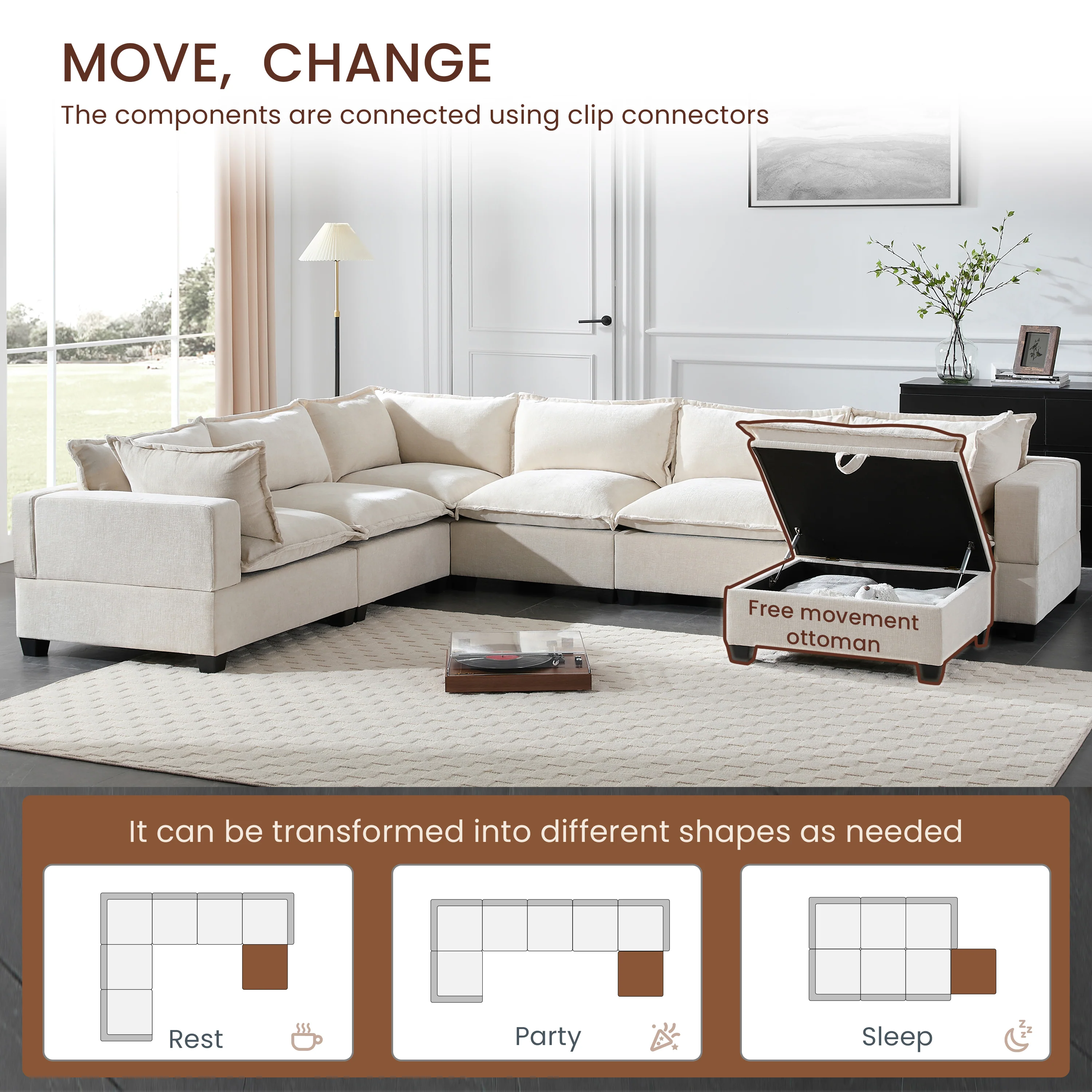 Oversized Modular Chenille Sectional Sofa with Movable Storage Ottoman - Image 6