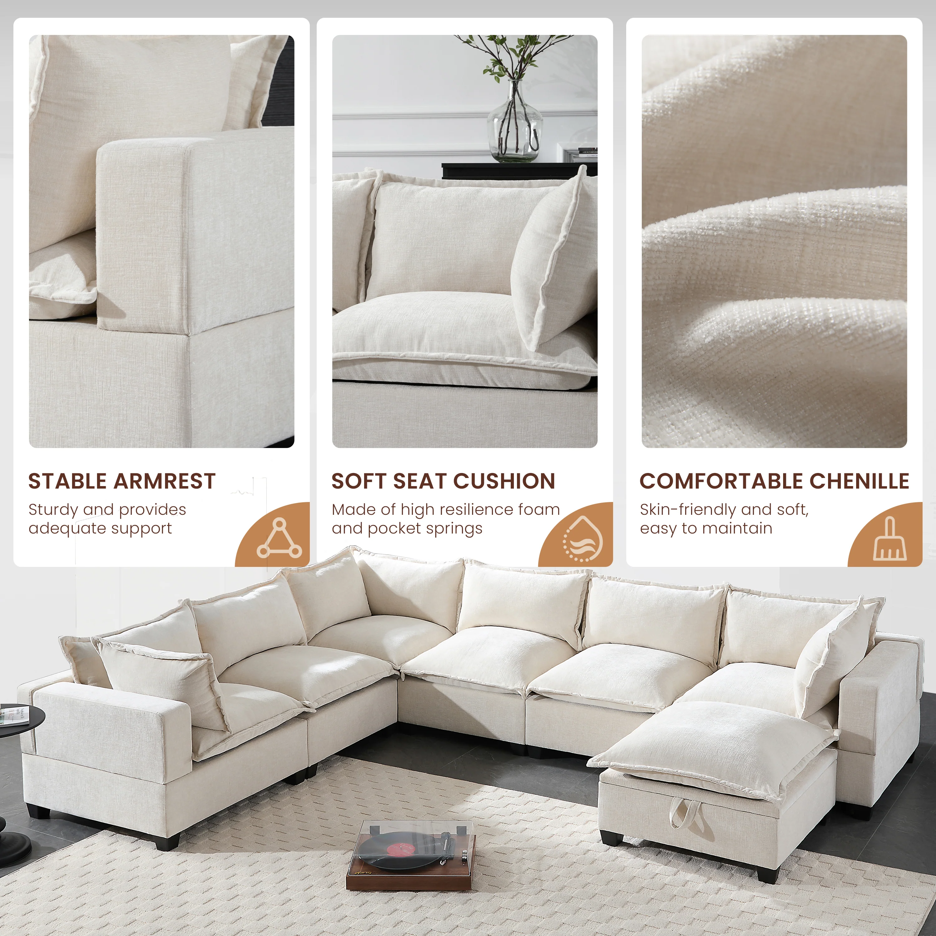 Oversized Modular Chenille Sectional Sofa with Movable Storage Ottoman - Image 8