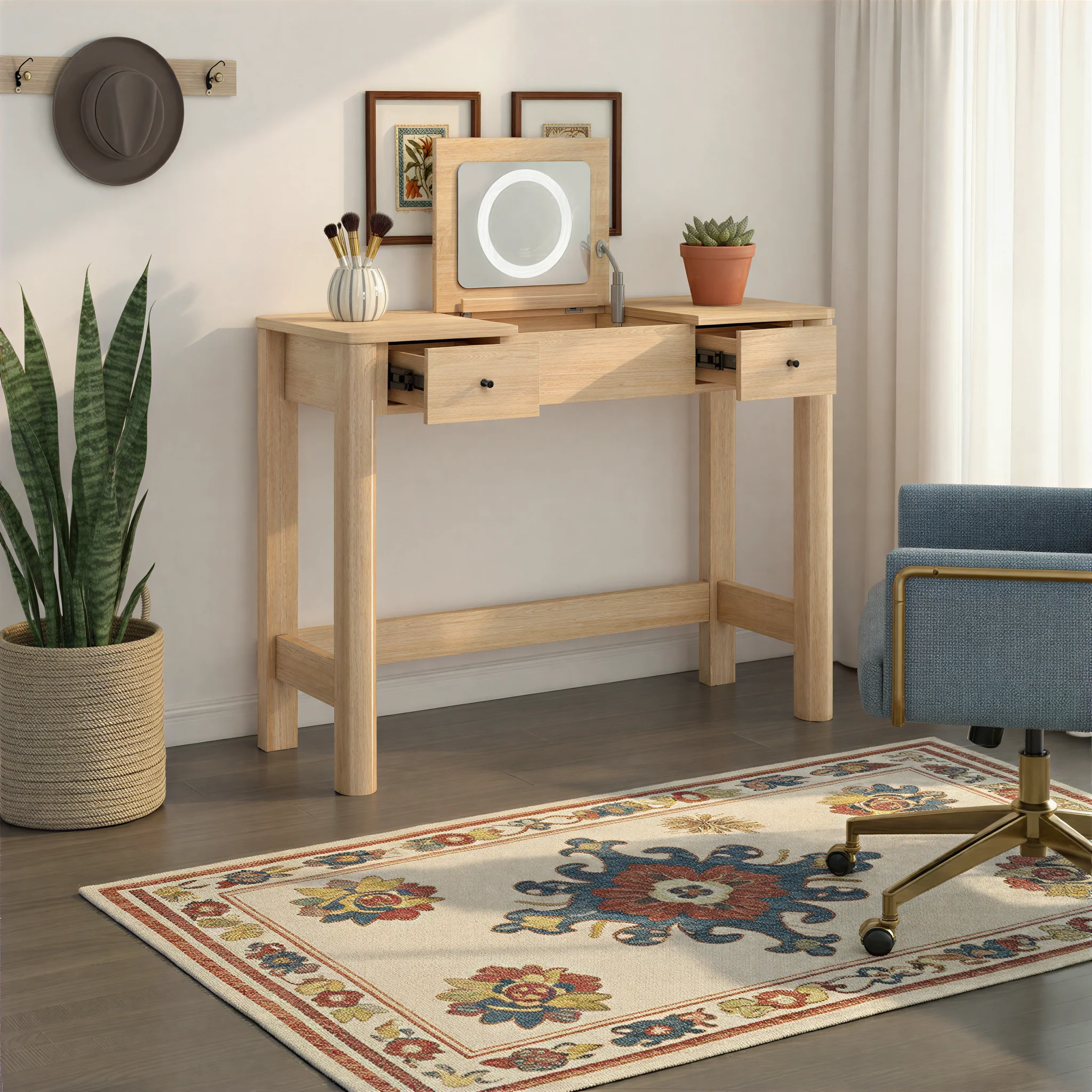 Penelope Modern Wood Makeup Vanity with LED Mirror & Storage - Image 13