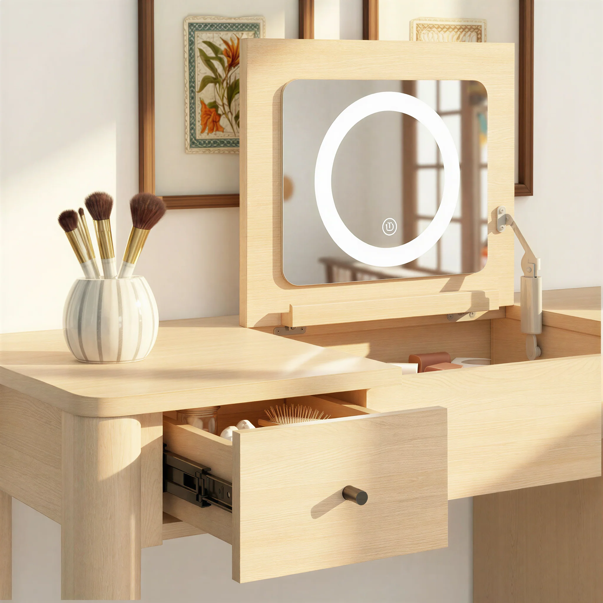 Penelope Modern Wood Makeup Vanity with LED Mirror & Storage - Image 15
