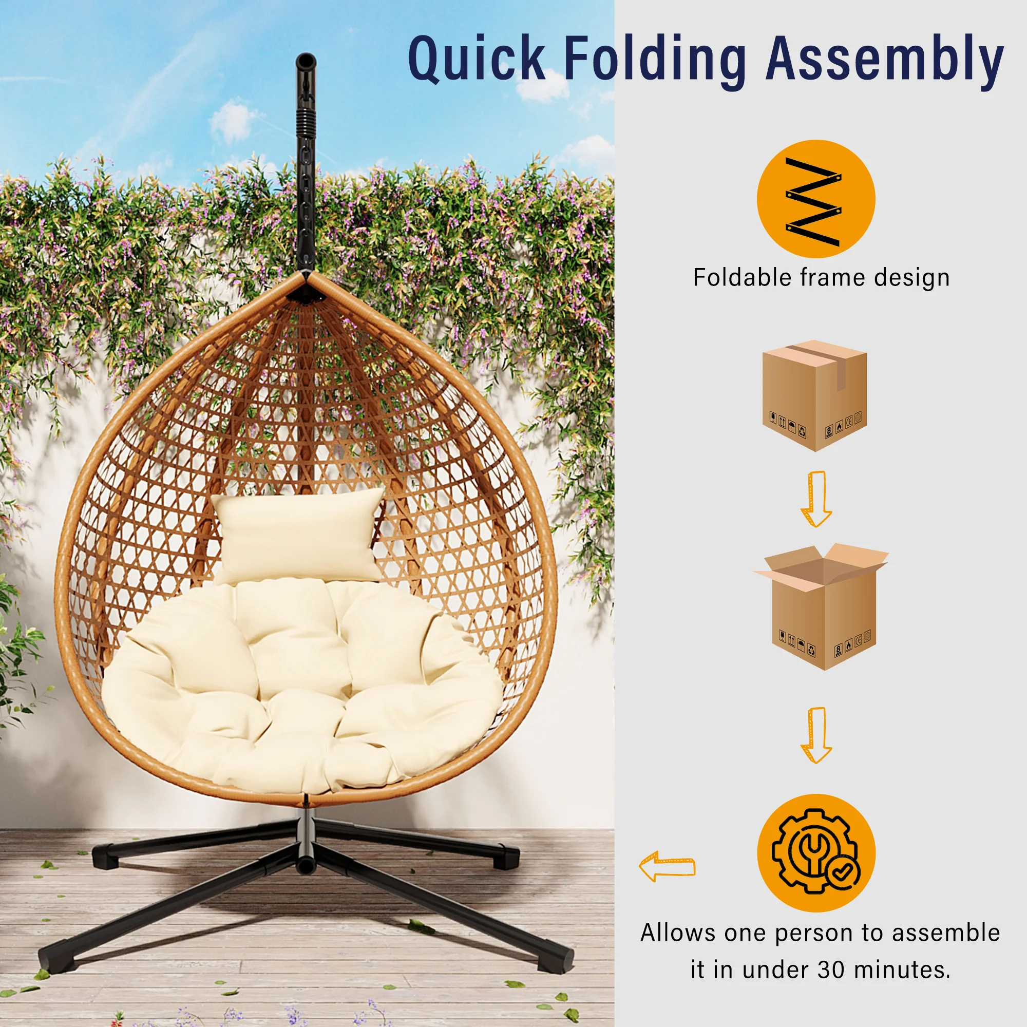 Rattan Weaving Hanging Egg Chair with Stand and Soft Removable Cushion - Image 11