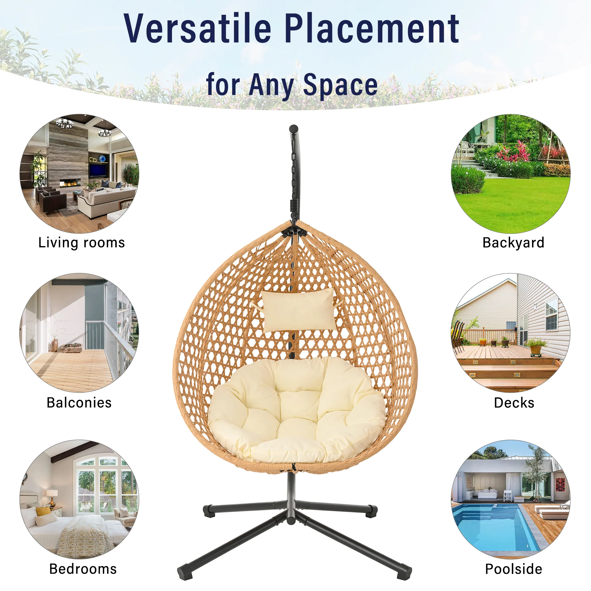 Rattan Weaving Hanging Egg Chair with Stand and Soft Removable Cushion - Image 12