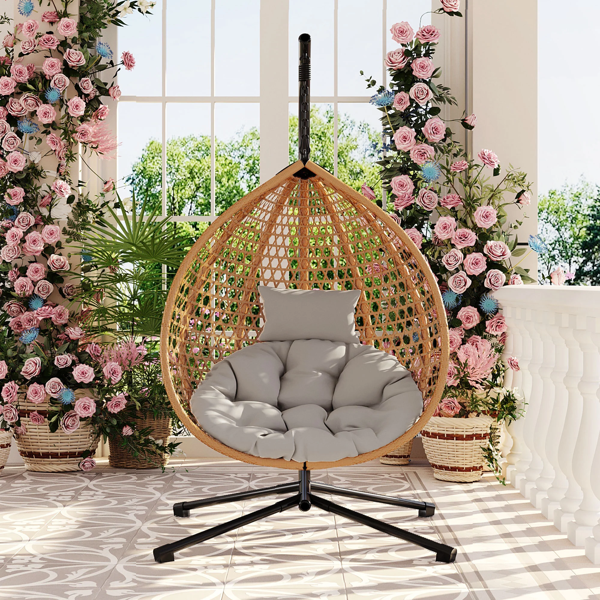 Rattan Weaving Hanging Egg Chair with Stand and Soft Removable Cushion - Image 2