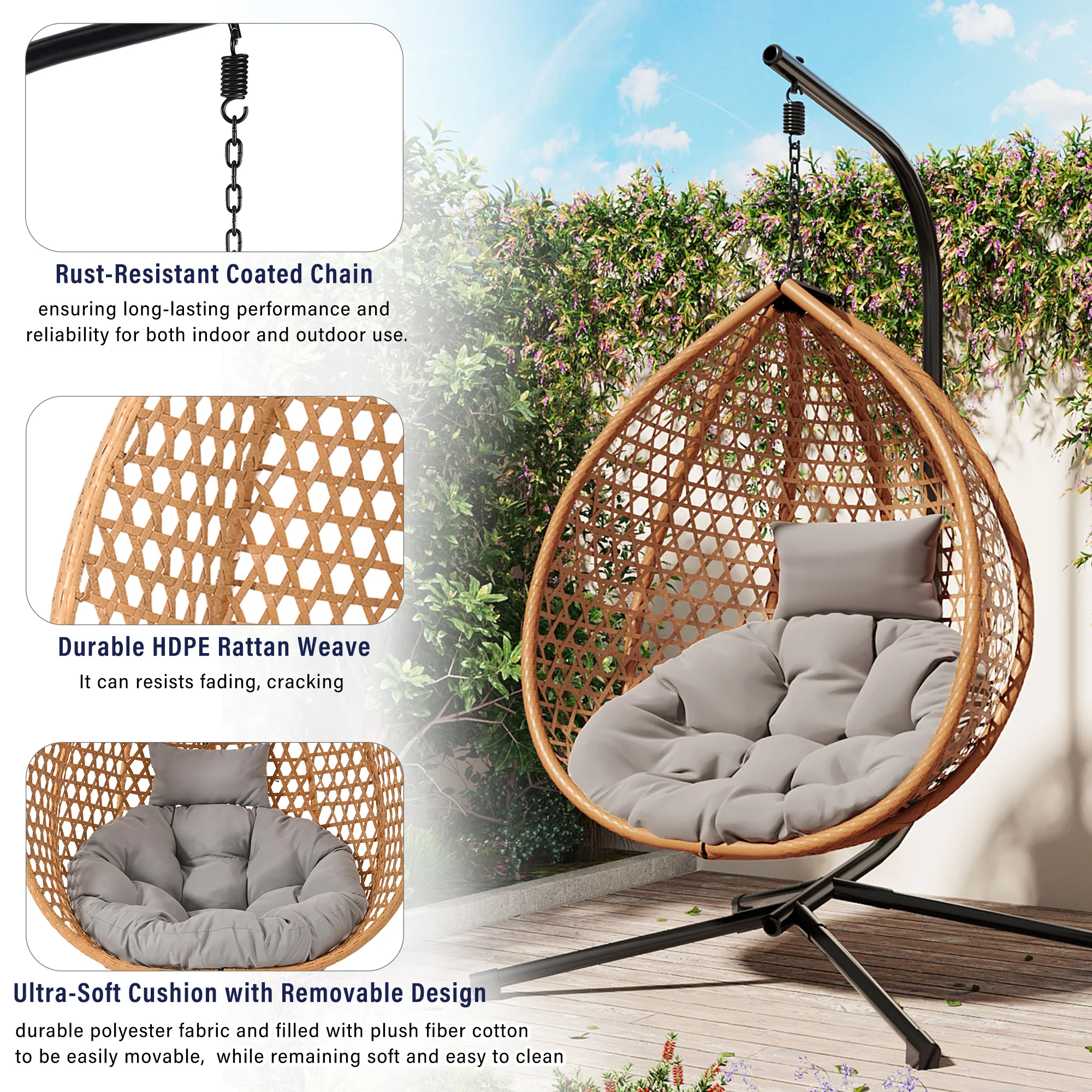 Rattan Weaving Hanging Egg Chair with Stand and Soft Removable Cushion - Image 3