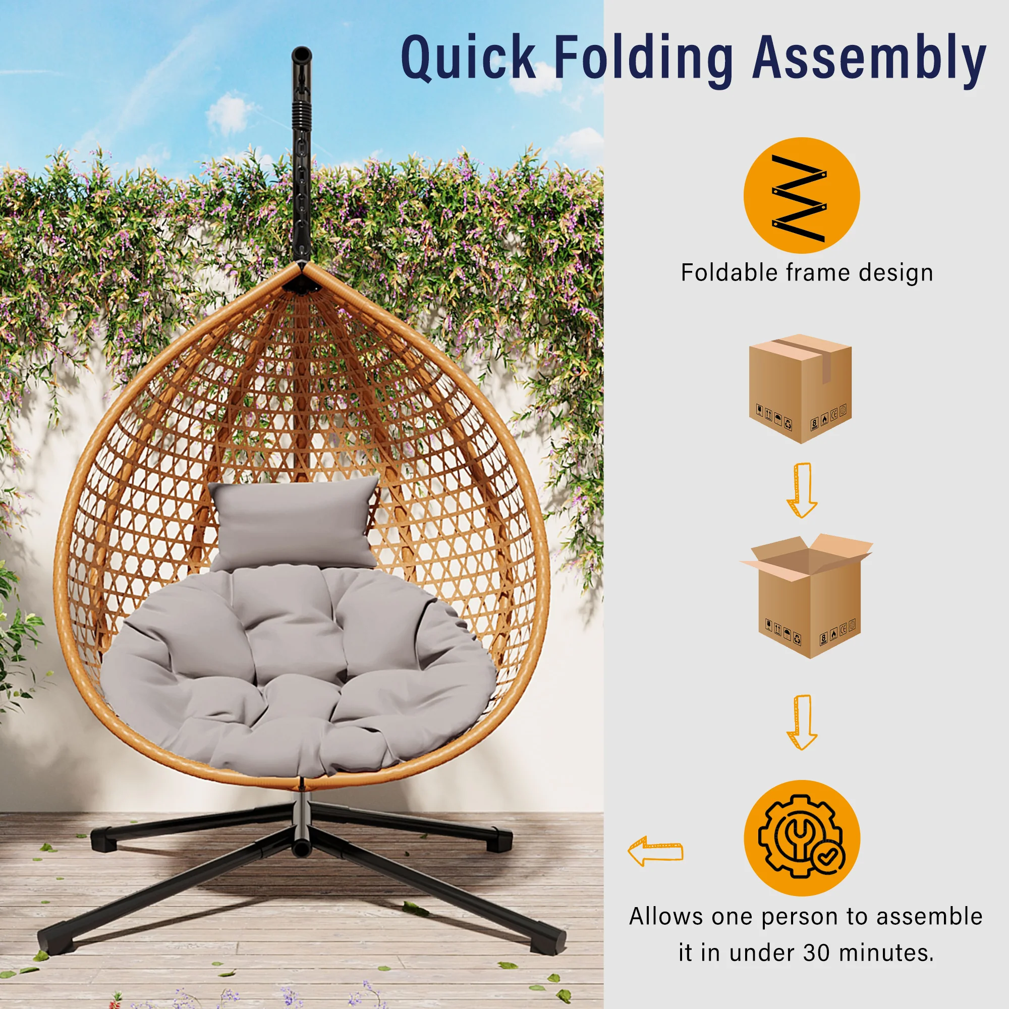 Rattan Weaving Hanging Egg Chair with Stand and Soft Removable Cushion - Image 4