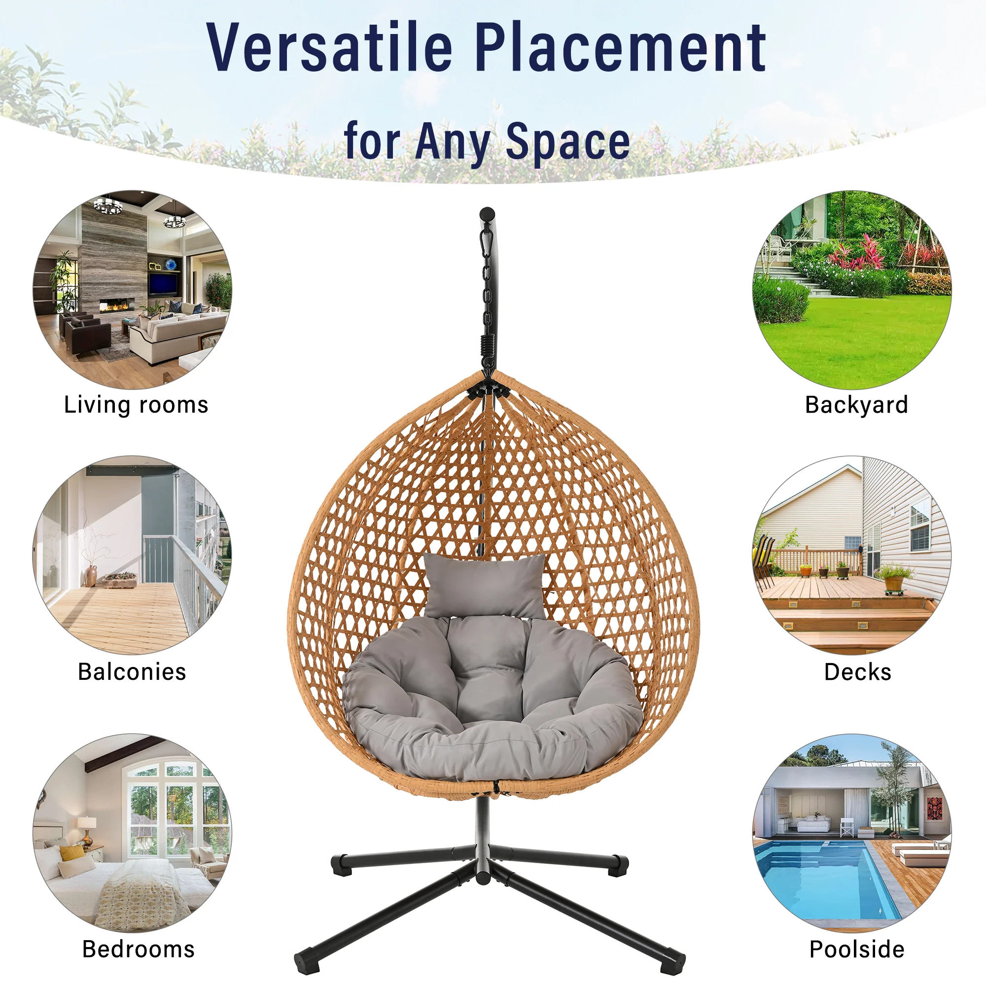 Rattan Weaving Hanging Egg Chair with Stand and Soft Removable Cushion - Image 5
