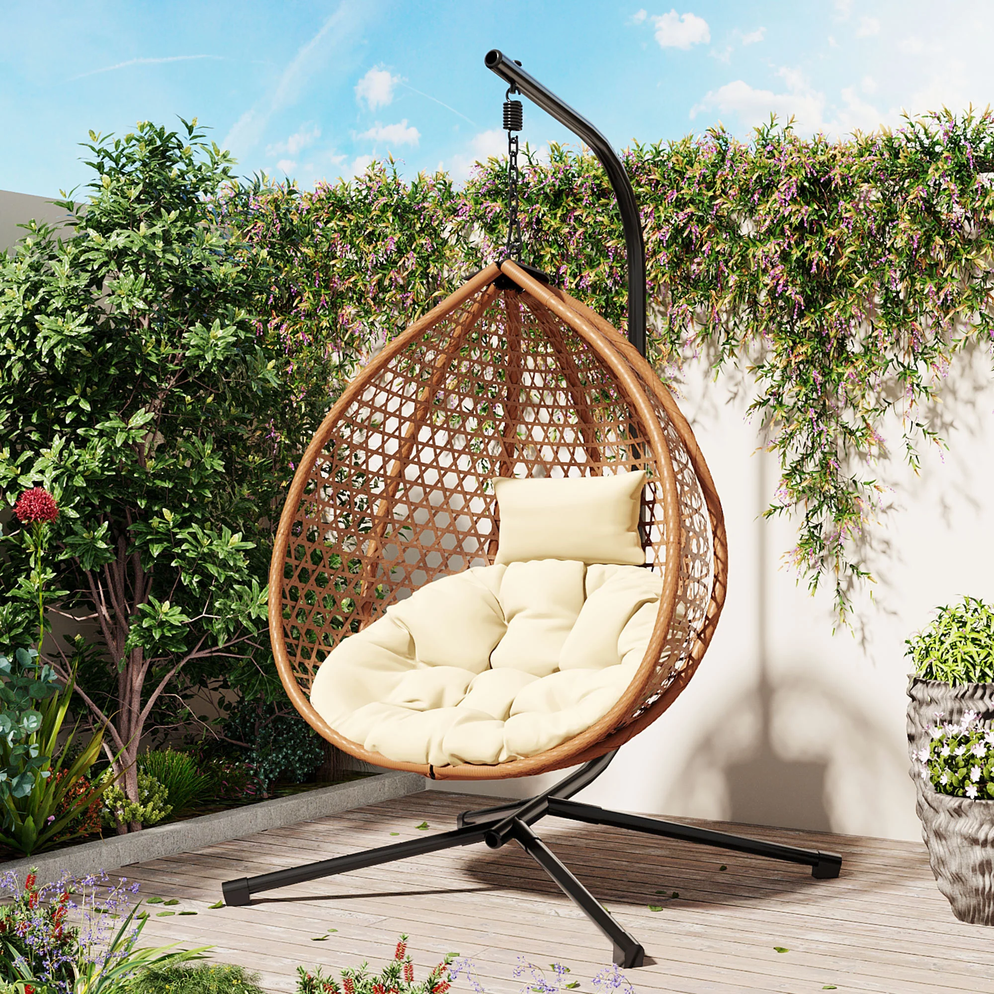Rattan Weaving Hanging Egg Chair with Stand and Soft Removable Cushion - Image 6