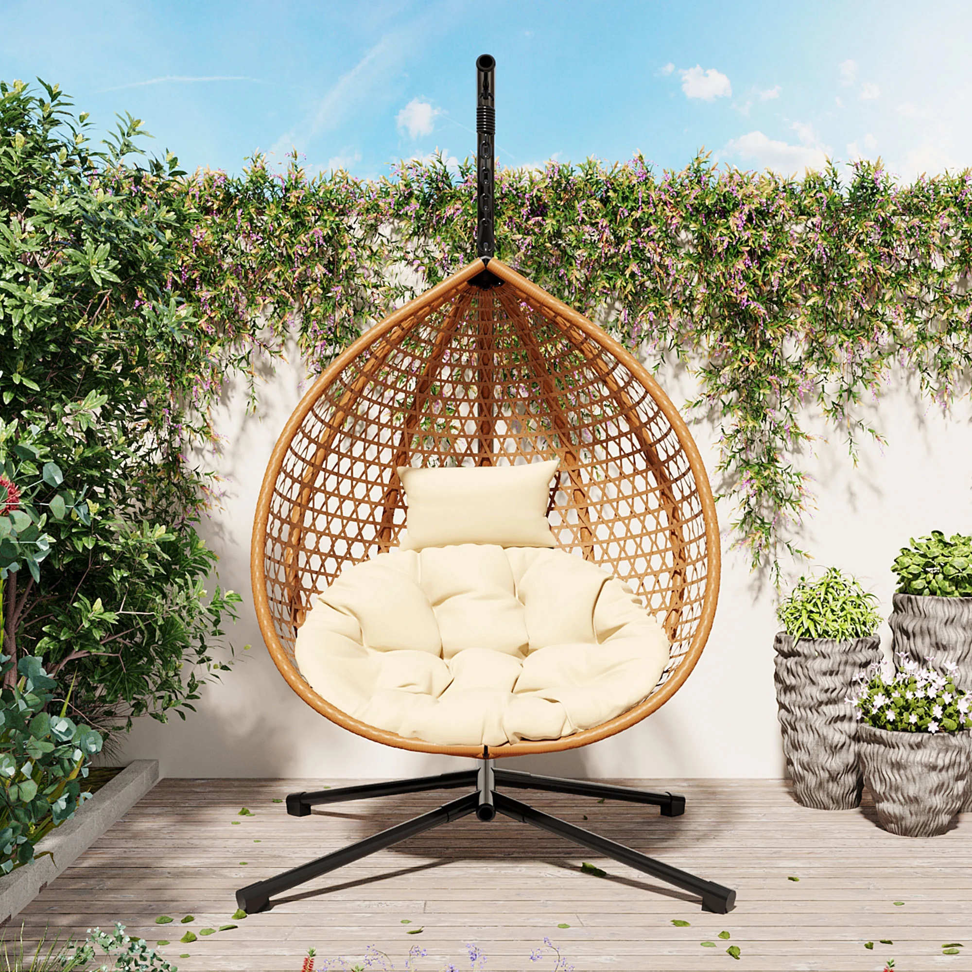 Rattan Weaving Hanging Egg Chair with Stand and Soft Removable Cushion - Image 7