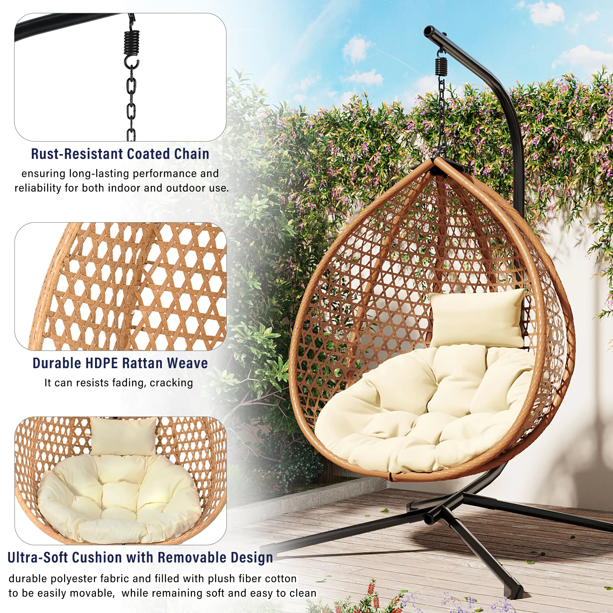 Rattan Weaving Hanging Egg Chair with Stand and Soft Removable Cushion - Image 9