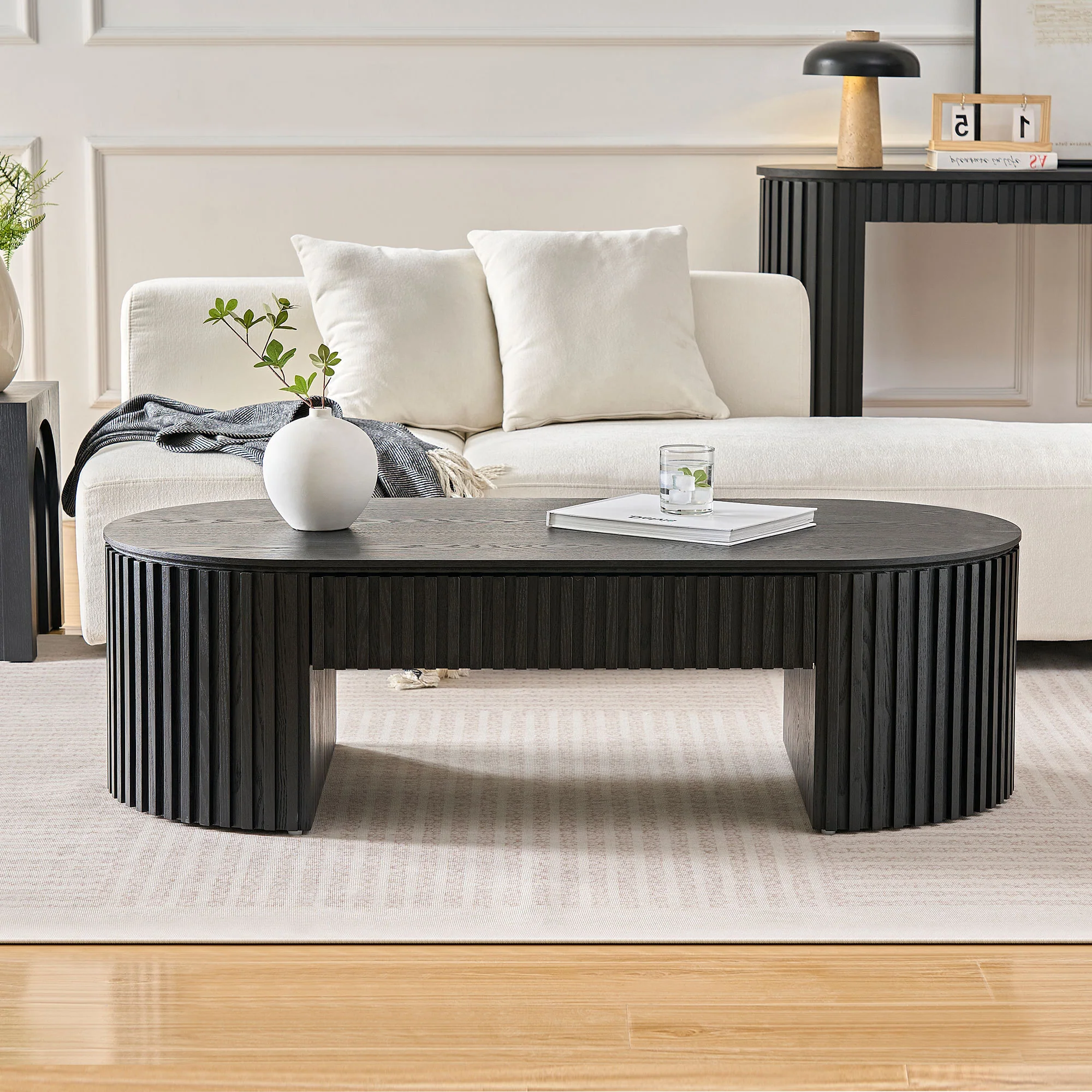 Reeded Black Oval Wood Coffee Table With Drawer