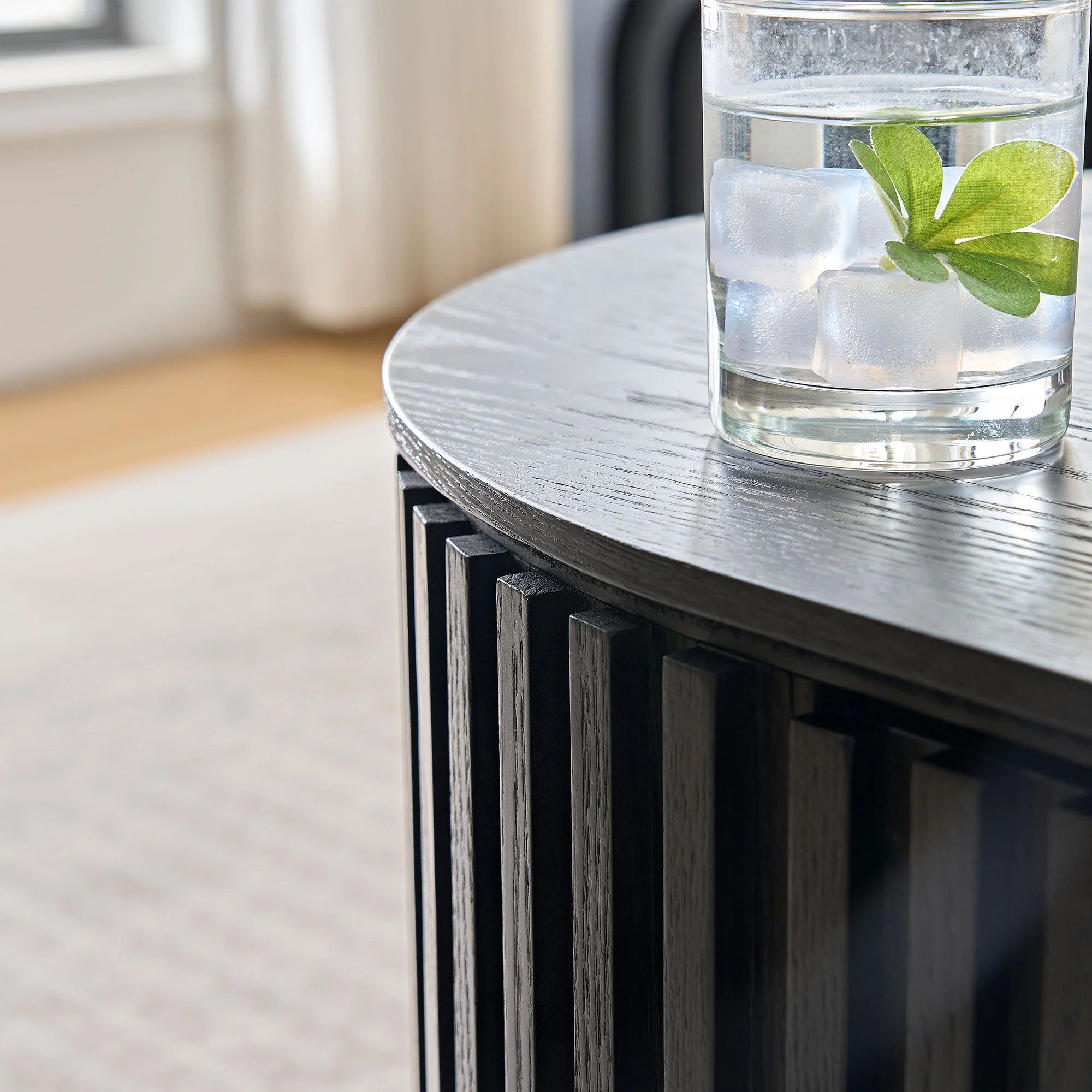 Reeded Black Oval Wood Coffee Table With Drawer - Image 6