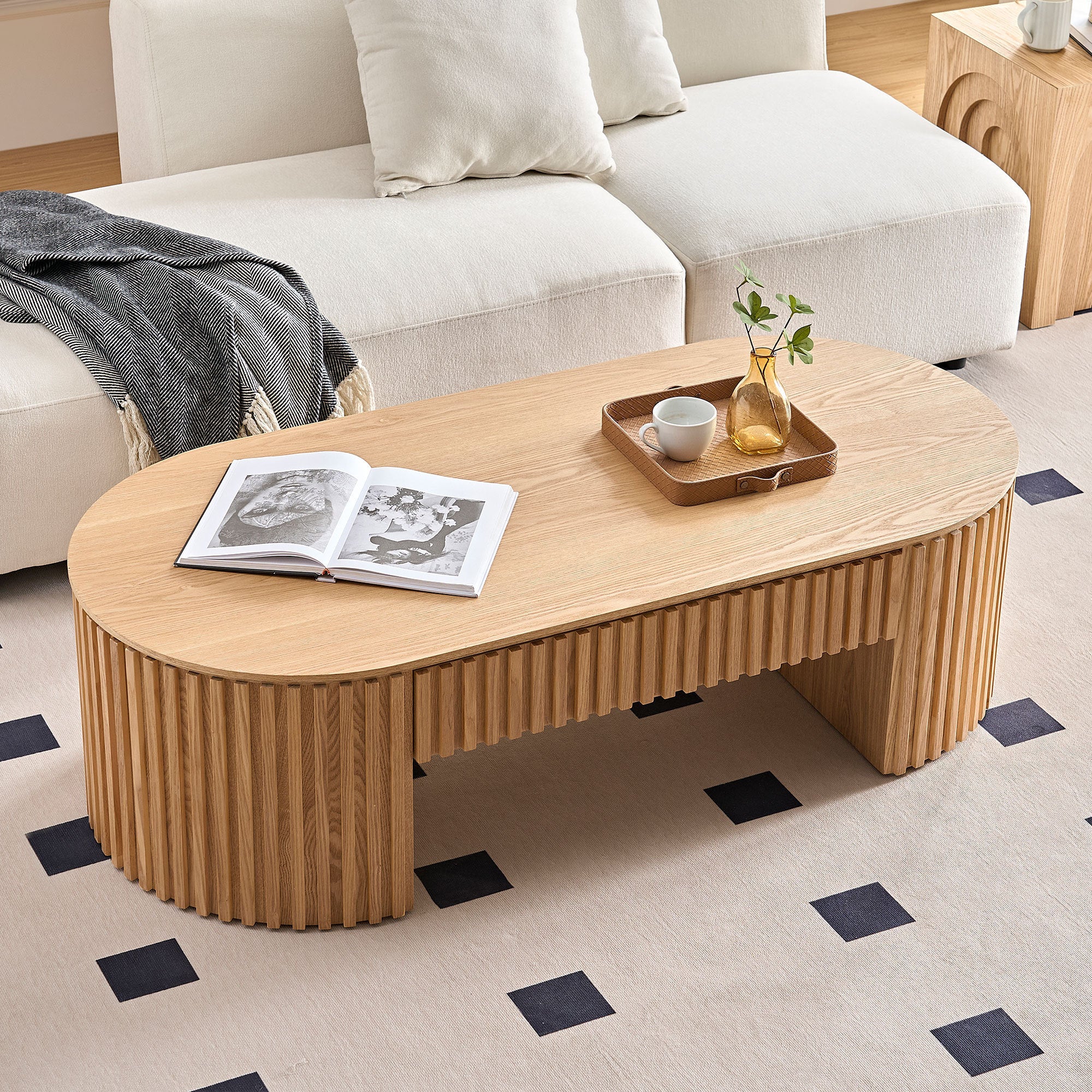 Reeded Oval Wood Coffee Table With Drawer - Image 10