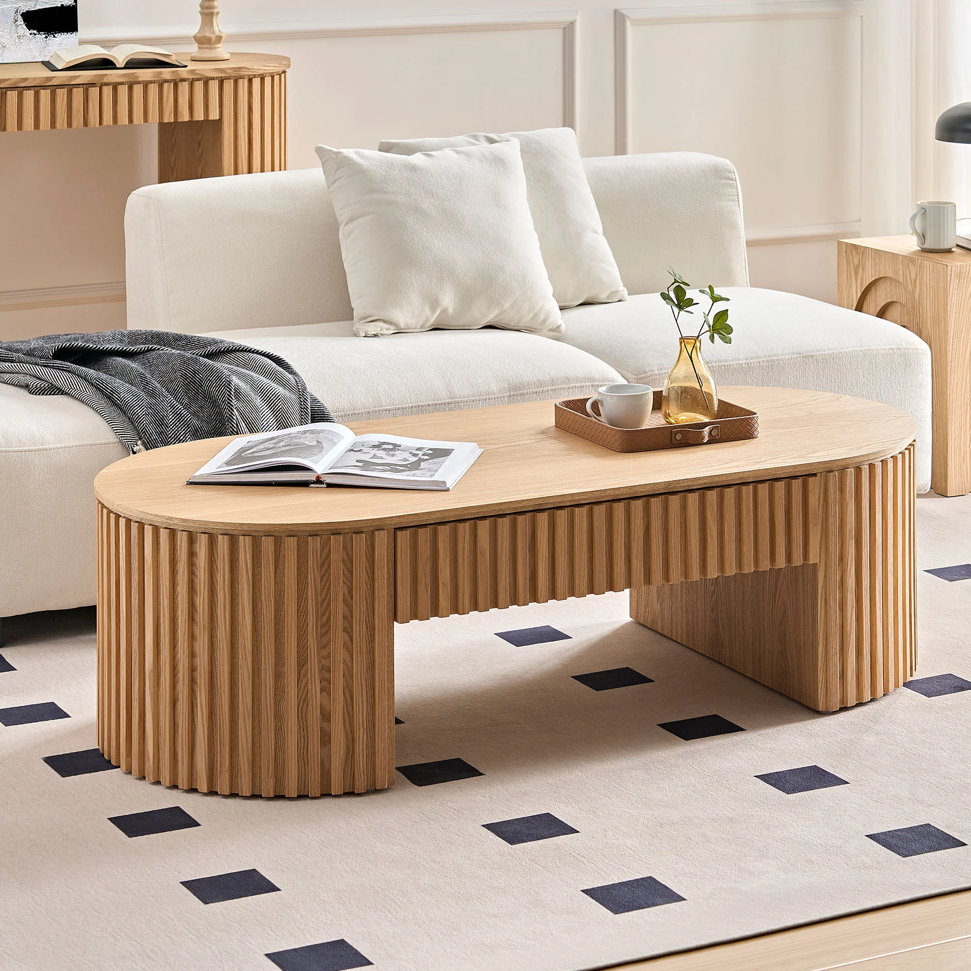 Reeded Oval Wood Coffee Table With Drawer - Image 11