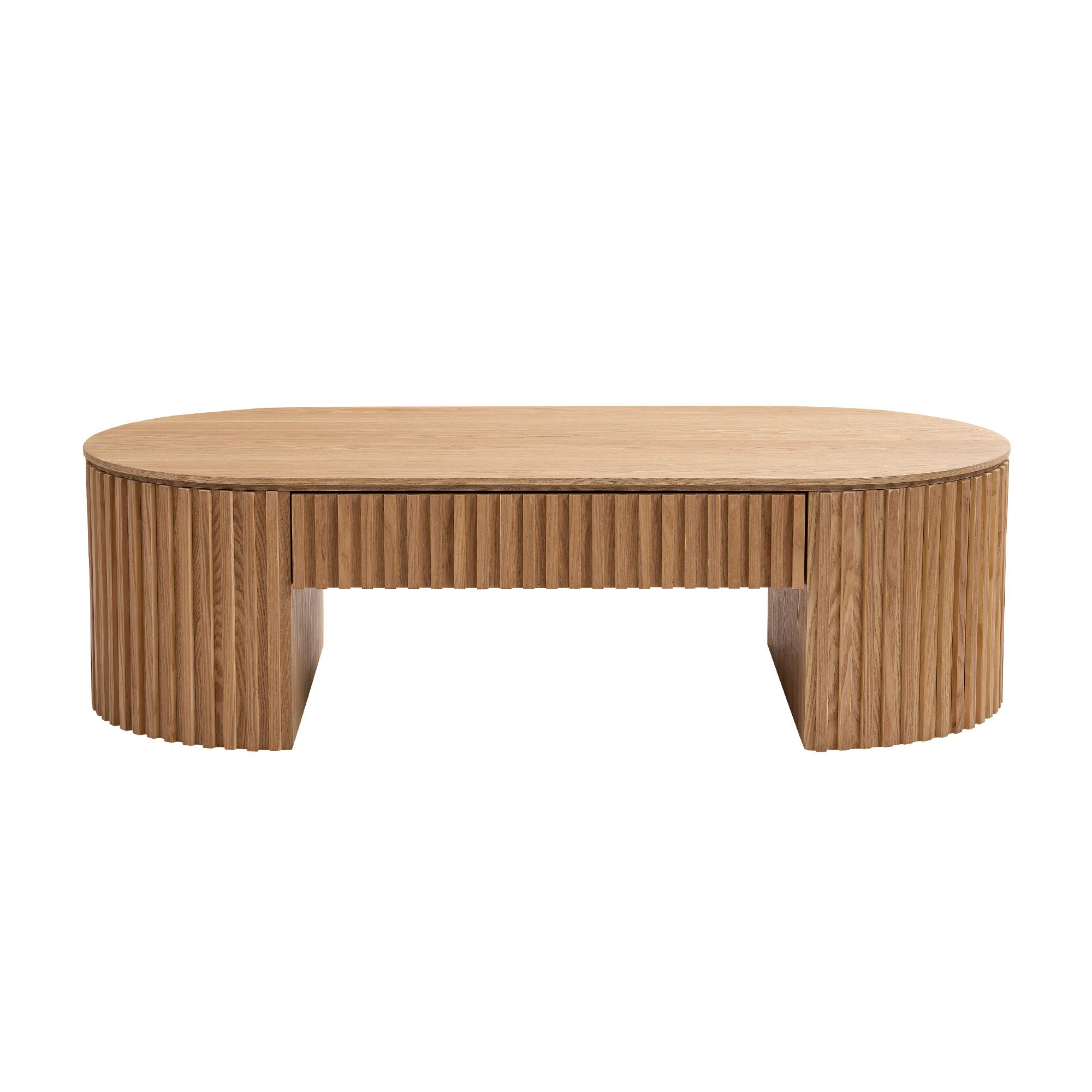 Reeded Oval Wood Coffee Table With Drawer - Image 13