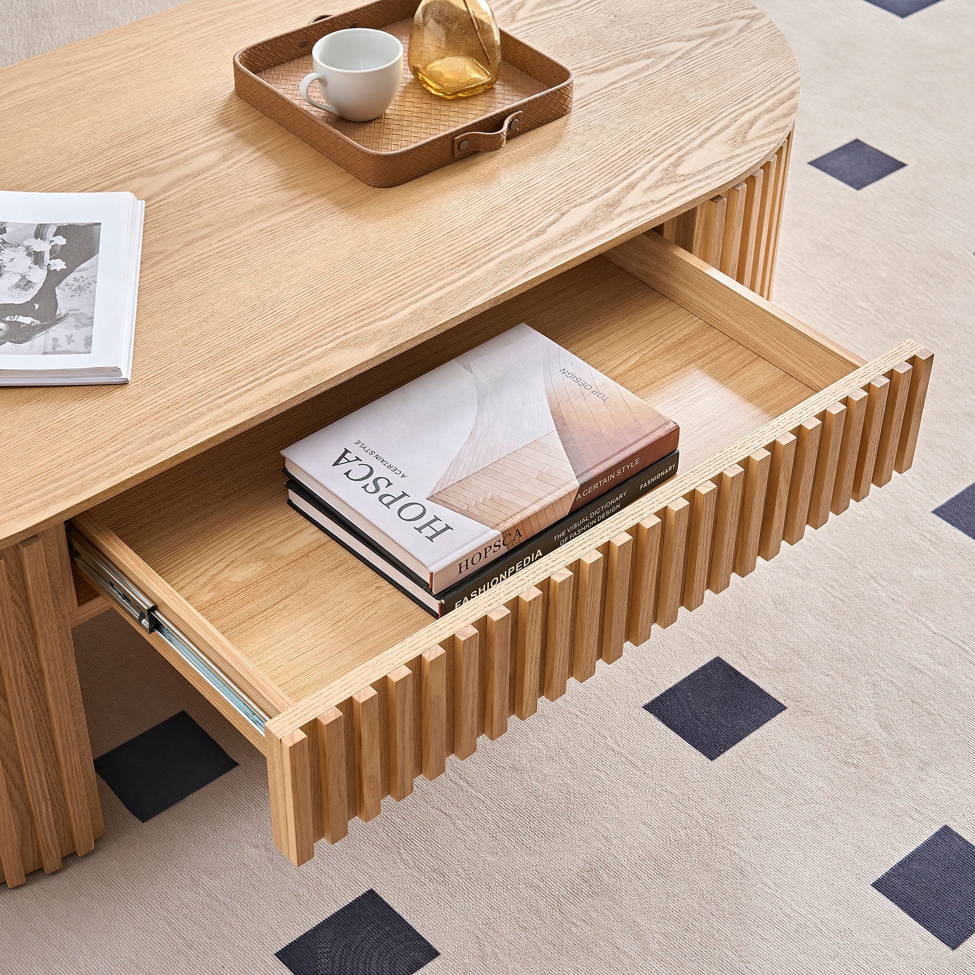 Reeded Oval Wood Coffee Table With Drawer - Image 2