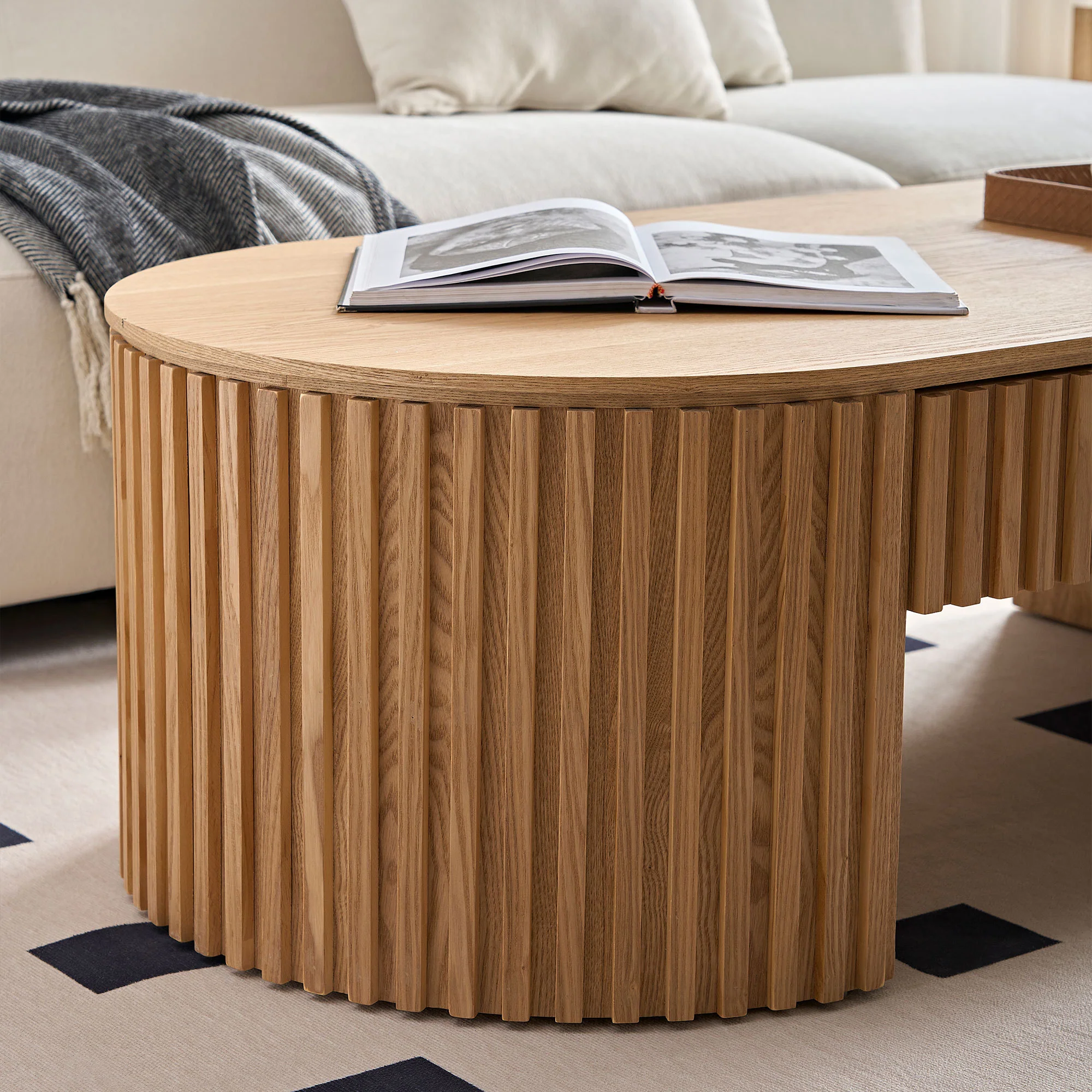 Reeded Oval Wood Coffee Table With Drawer - Image 3