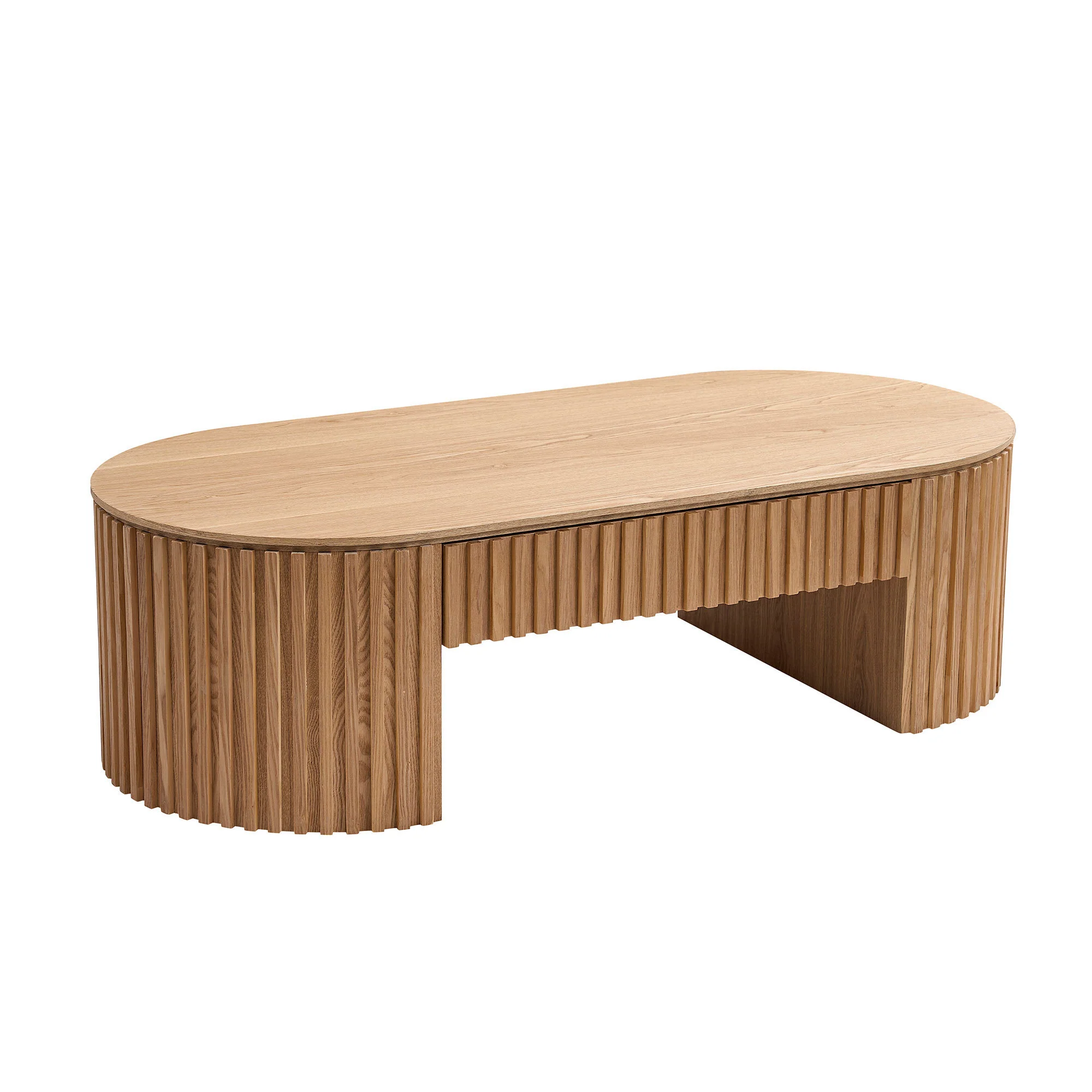 Reeded Oval Wood Coffee Table With Drawer - Image 4